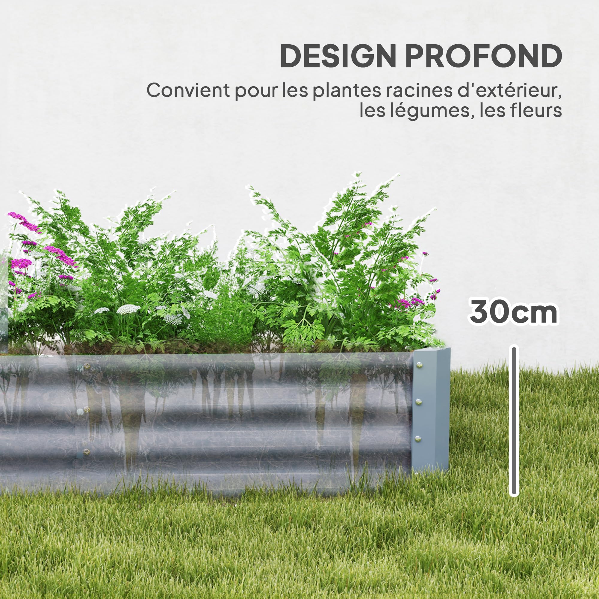Outsunny Carré Potager rectangulaire, lit de Jardin surélevé en Acier galvanisé, Fond Ouvert, jardinière avec Bord Anti-Coupure Barres de Soutien, 240 x 120 x 30 cm, Gris argenté