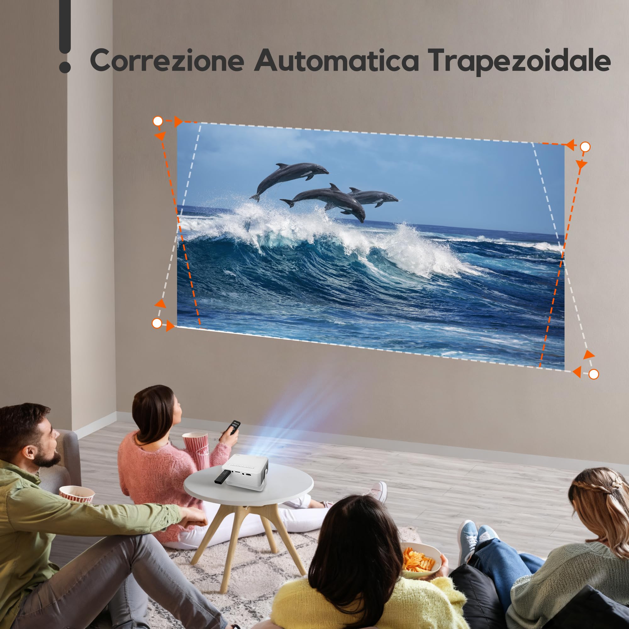 Mini Proiettore, AKIYO O1 Proiettore Portatile 15000 Lumens, 2025 Upgraded Videoproiettore 4K Supporto Full HD 1080P, Auto Keystone, Zoom 50%, Rotabile 360°, per Phone/TV Stick/HDMI/USB/TF