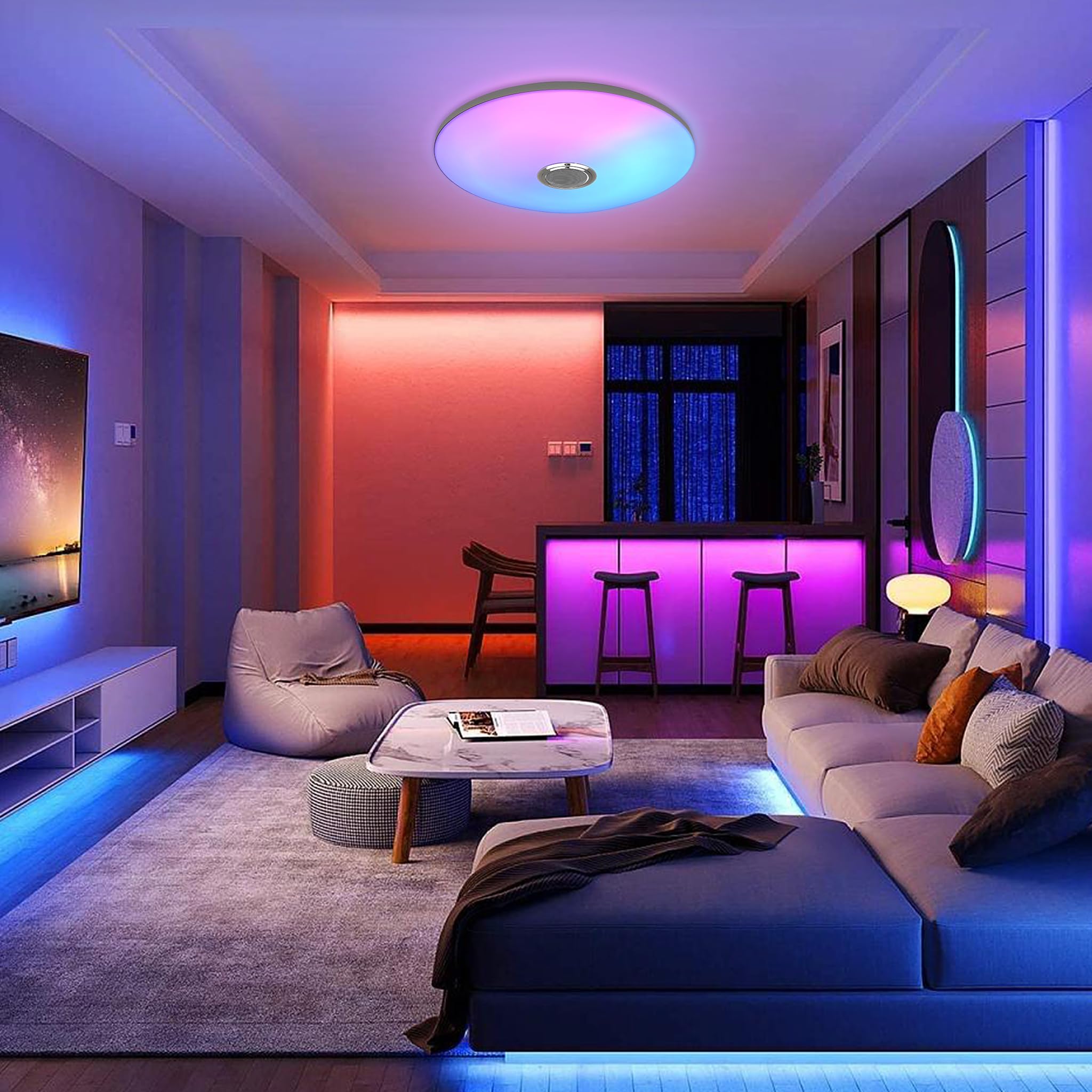 YRHome Lampada da soffitto a LED RGB ultra sottile, dimmerabile, con altoparlante Bluetooth, telecomando, lampada da soffitto, rotonda, con riproduzione musicale, per soggiorno, camera da letto, 60 W