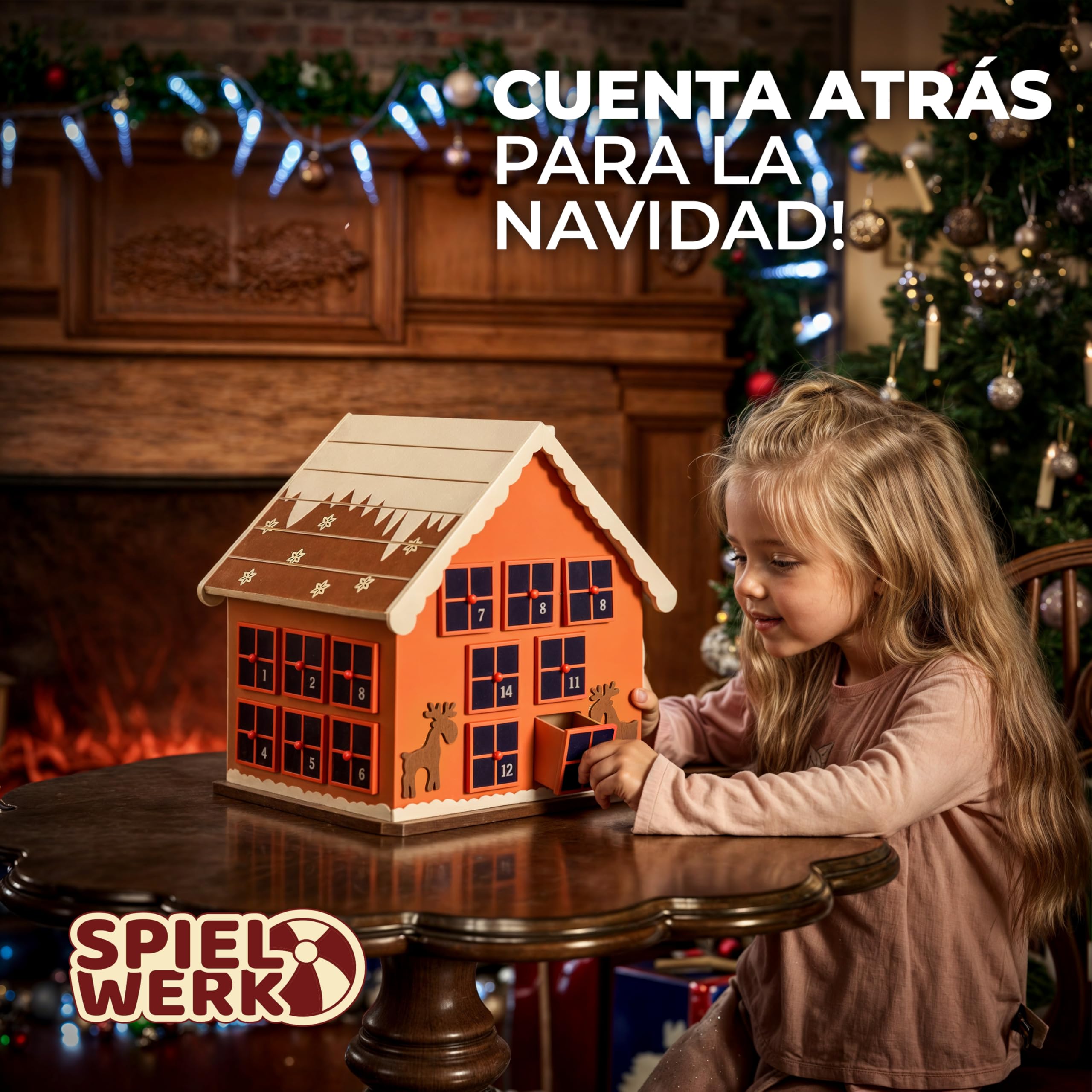 Spielwerk® Calendario de Adviento Madera Casita Jengibre 24 Cajoncitos Rellenable Chuches Vacio Reutilizable Adorno Decoración Navidad 2025 Personalizable