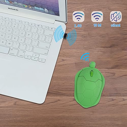 Miniatura 6 de Ratón inalámbrico con forma de tortuga verde, ratón ergonómico óptico USB, inalámbrico, 3 botones, 1600 DPI, Kawaii, silencioso, inalámbrico, para