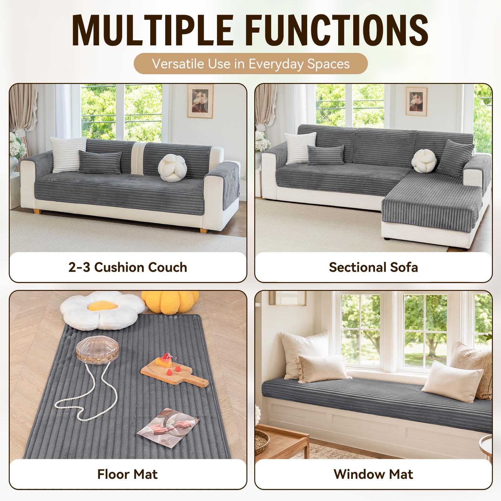 Royhom Housse de Canapé, Protege Canape Impermeable, Housse Canape d'angle, Doux Couverture pour Canapé, Tapis, Rebord de Fenêtre (Gris, 90 x 180 cm)