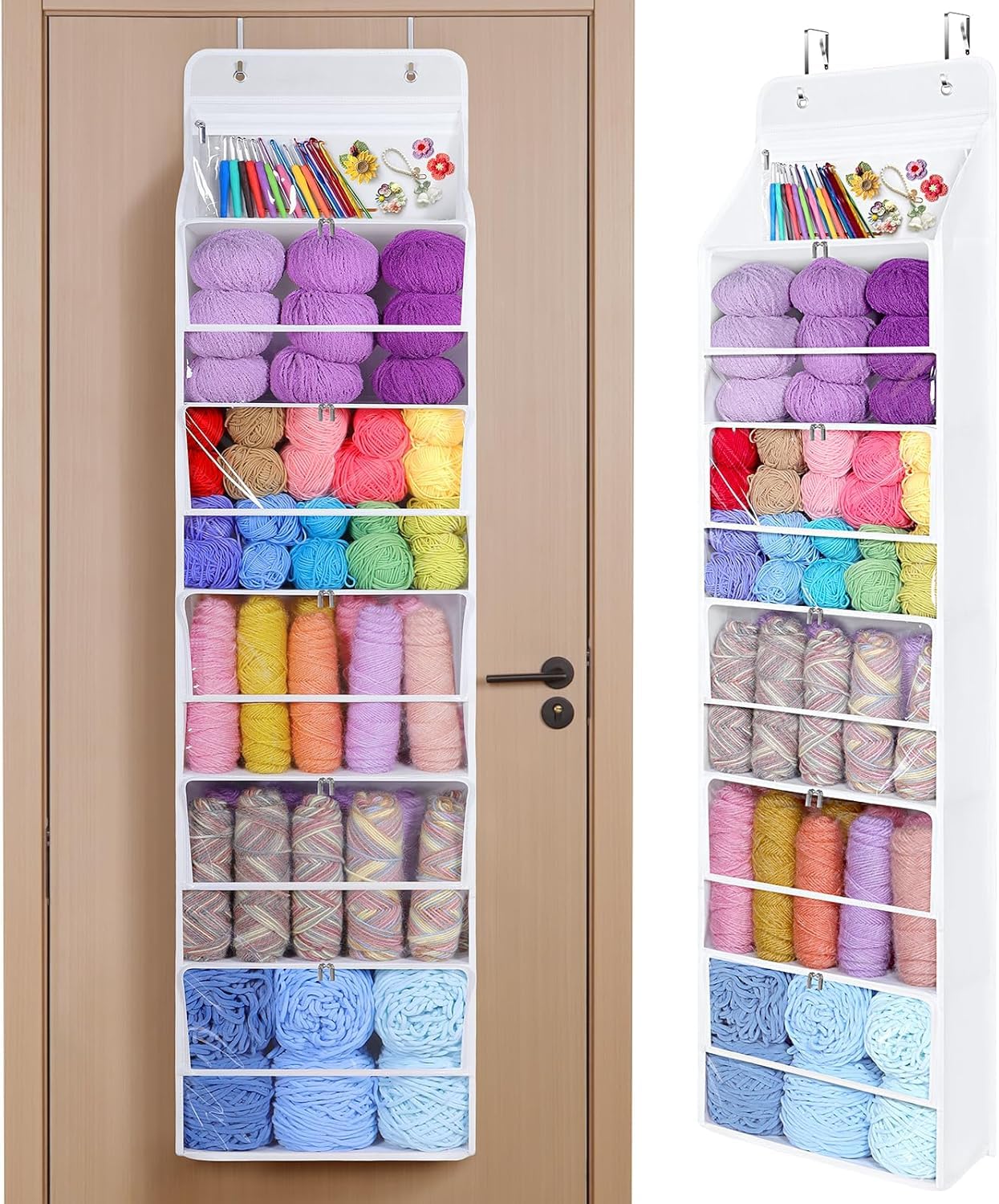 Tür hängende Wolle Aufbewahrung, Hängeorganizer Tür mit 5 durchsichtigen Kunststofftaschen & 3 großen Metallhaken für Stricknadeln,Hängender Garn-Organizer für Stricknadeln, Häkelnadeln, Nähkugeln