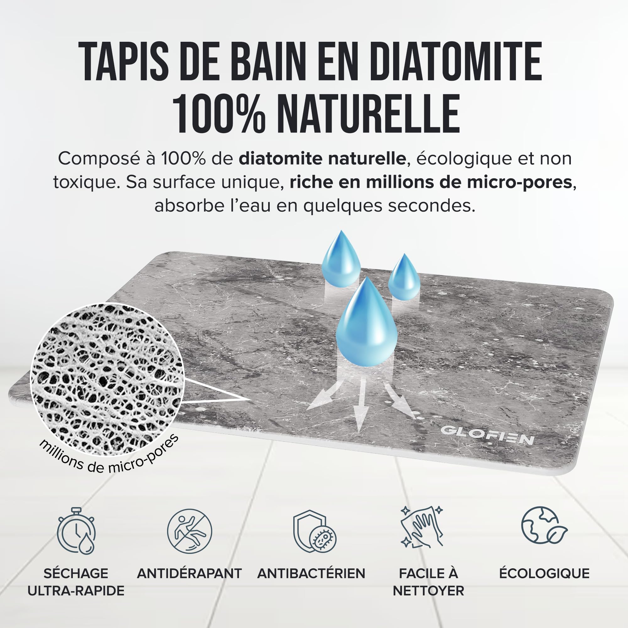 Tapis de Bain Diatomite 60x40 cm Antidérapant Ultra Absorbant Séchage Rapide