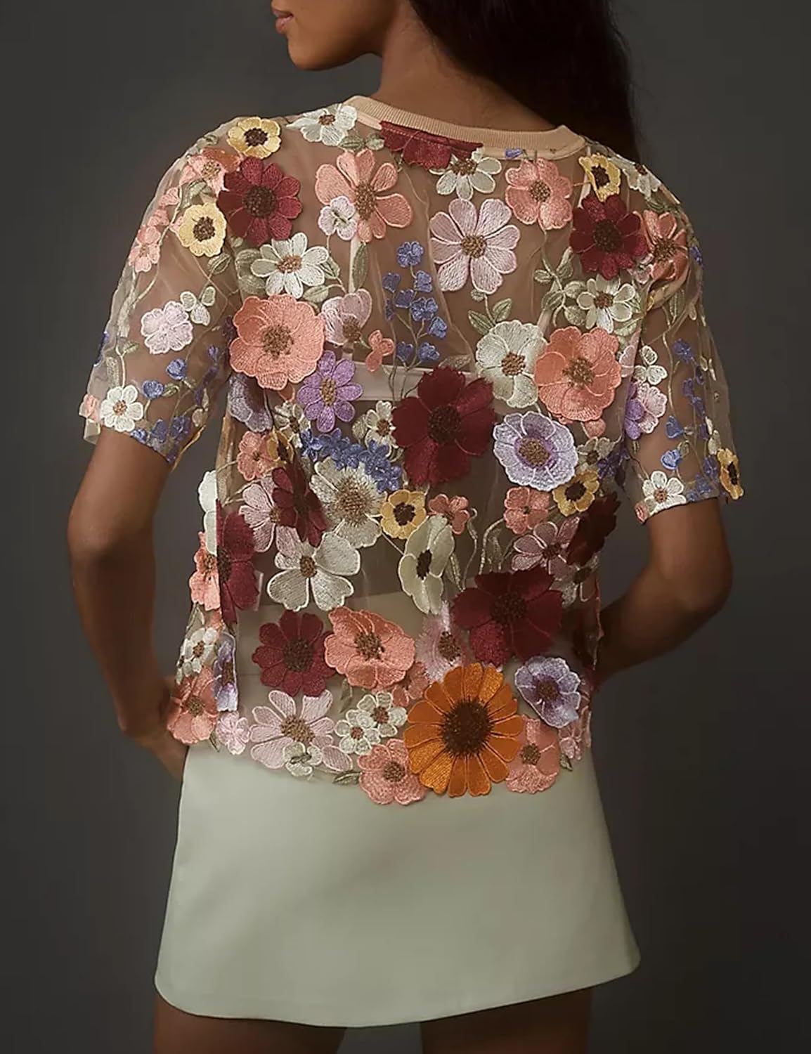 Women's Embroidered 3D Floral Blouse Short Sleeve Crew Neck Sheer Lace Tee Shirts - Image 3
