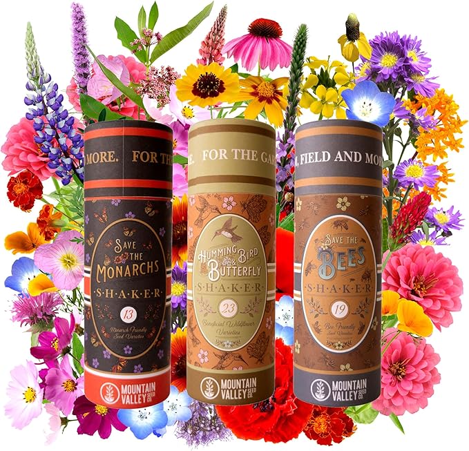 Pollinator Wildflower Seed Shaker Collection - ~300,000+ Wild Flower Seeds for Planting - Includes Hummingbird & Butterfly, Save The Monarchs, and Save The Bees Wildflower Mixes - Covers ~1,000 sq ft