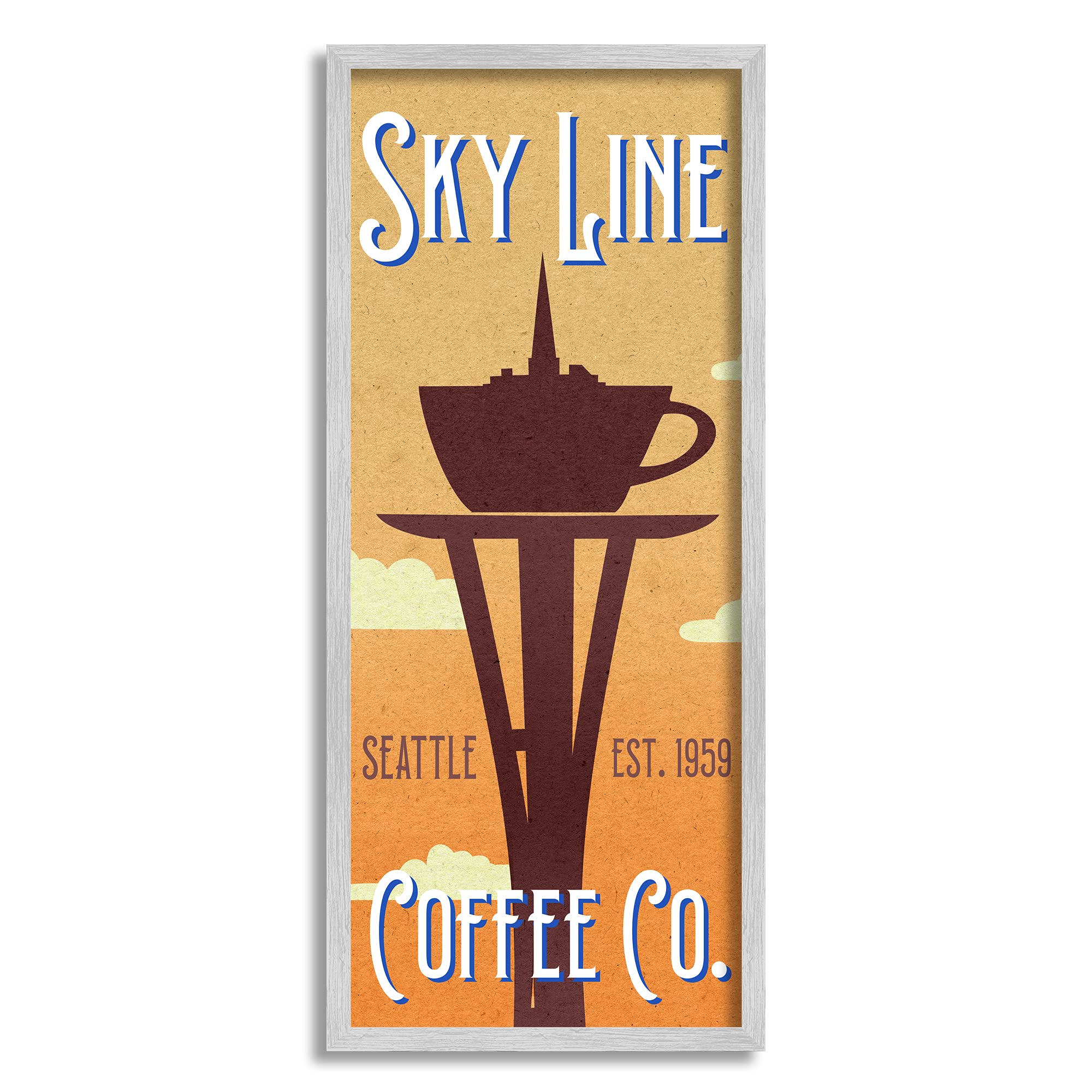 Stupell Industries Sky Line Seattle Coffee Company Cappuccino Saucer Tower, Design by Daphne Polselli Gray Framed Wall Art, 13 x 30, Yellow