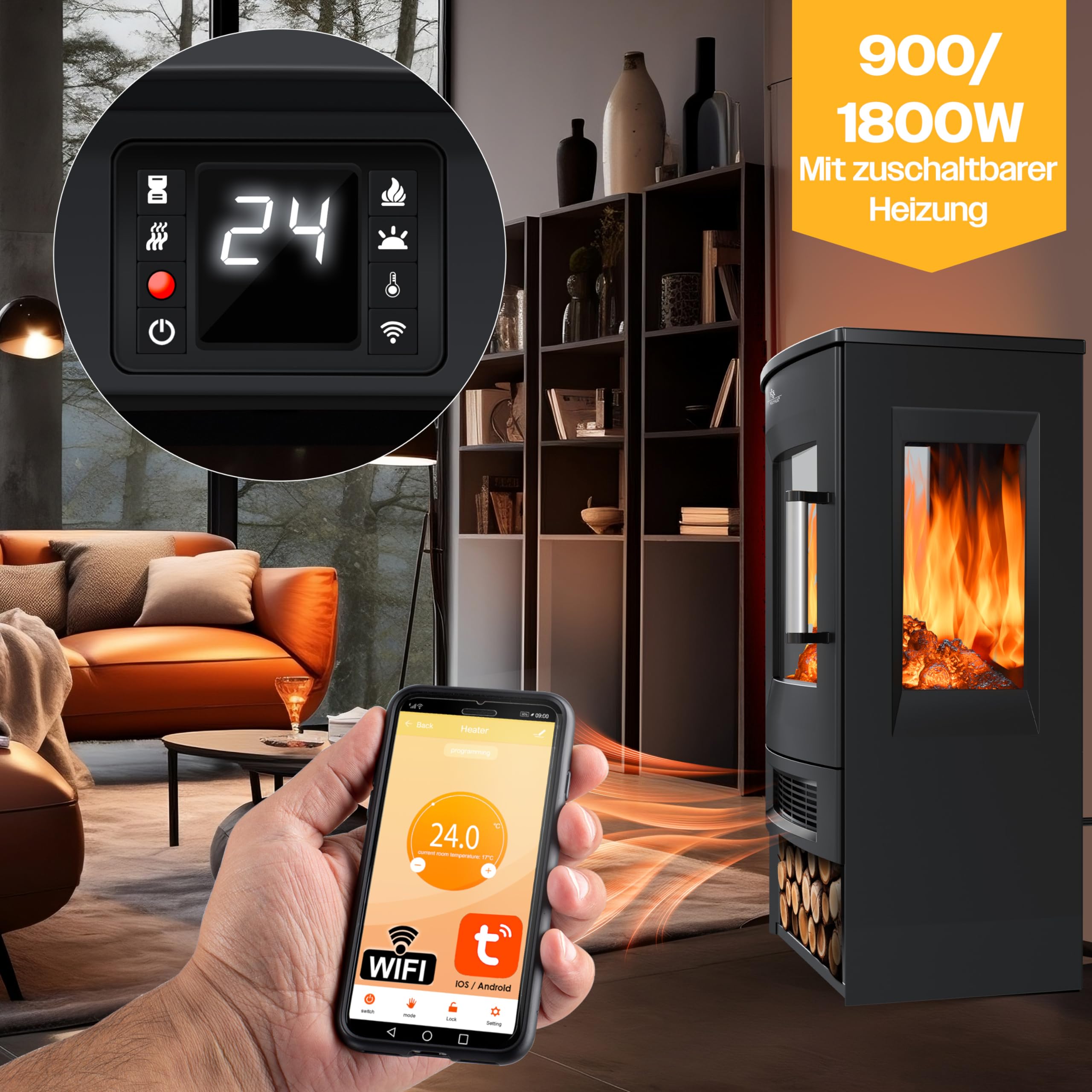 KESSER® Elektrokamin mit Heizung Panorama-Sichtfenster Heizlüfter 9 LED-Flammeneffekt Farbmodi Fernbedienung WiFi App 900/1800W Kaminfeuer elektrisch mit Thermostat Heizfunktion Timer