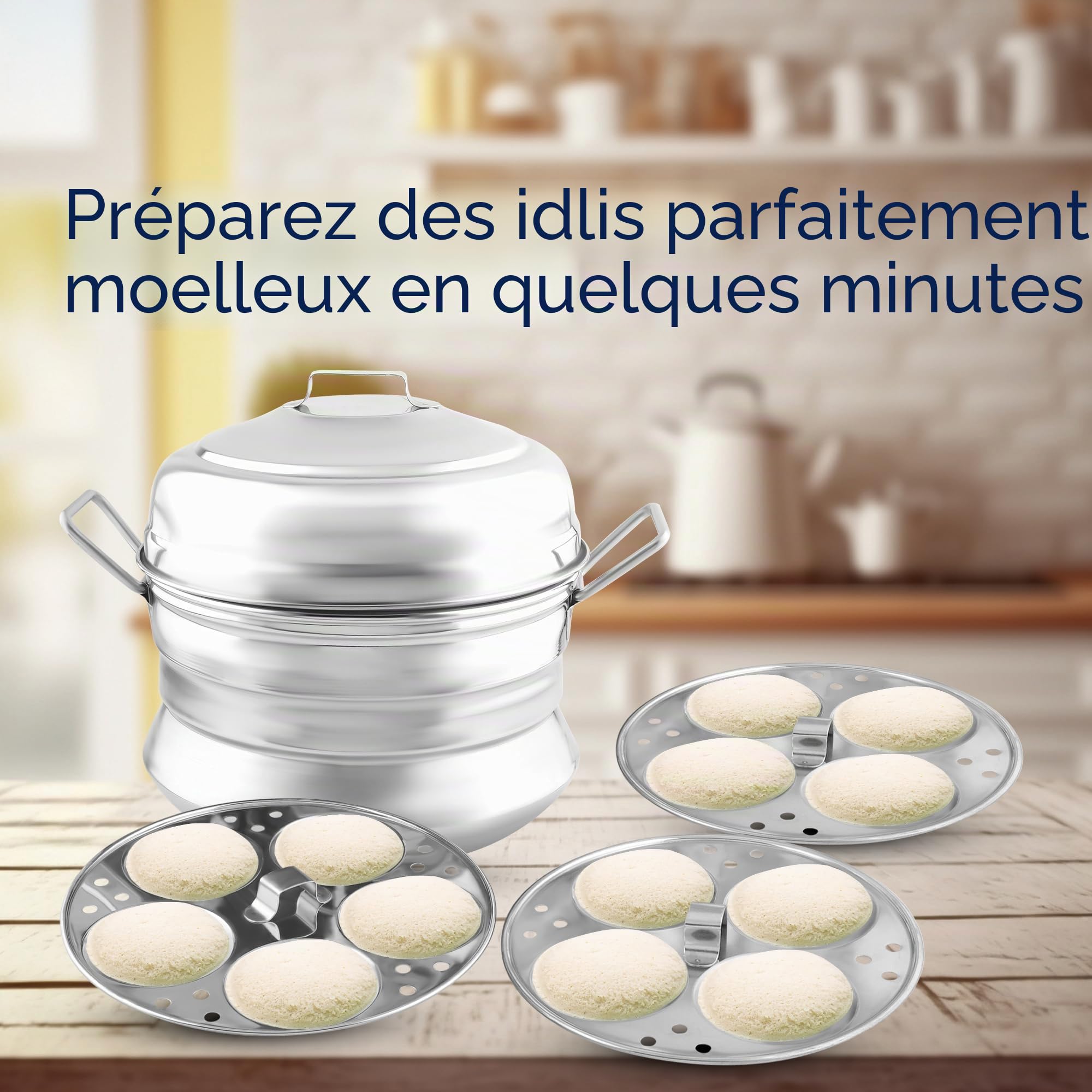 KSJONE – Cuiseur vapeur traditionnel pour idlis en acier inoxydable avec 3 plateaux profonds (capacité de 13 idlis) – Couleur argent