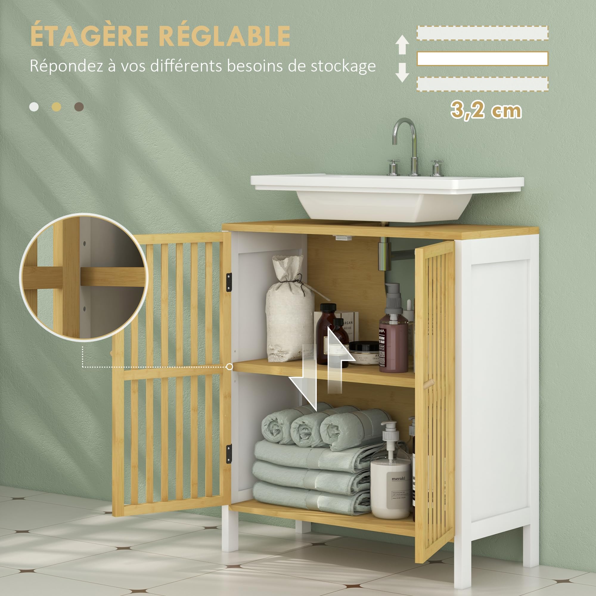 HOMCOM Meuble sous Vasque Meuble de Salle de Bain 2 Portes avec étagère réglable Armoire de Rangement pour lavabo 60 x 30 x 70 cm en Bambou Blanc et Naturel