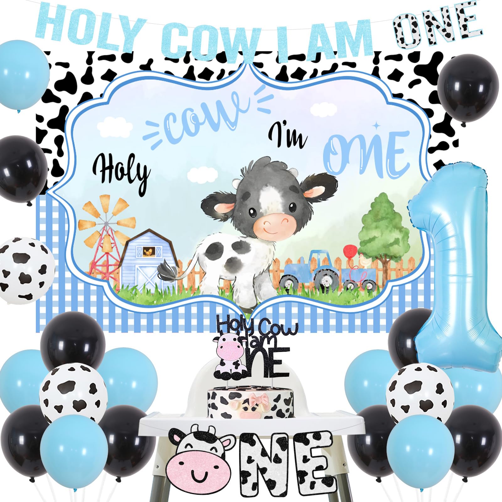 Cheereveal Cow Print 1st Birthday Decorations Boy, Holy Cow i'm One Birthday Decoration Balloons Garland Kit, Backdrop, Cake Topper, Highchair Banner for Boy 1st Birthday Cow Farm Party Supplies