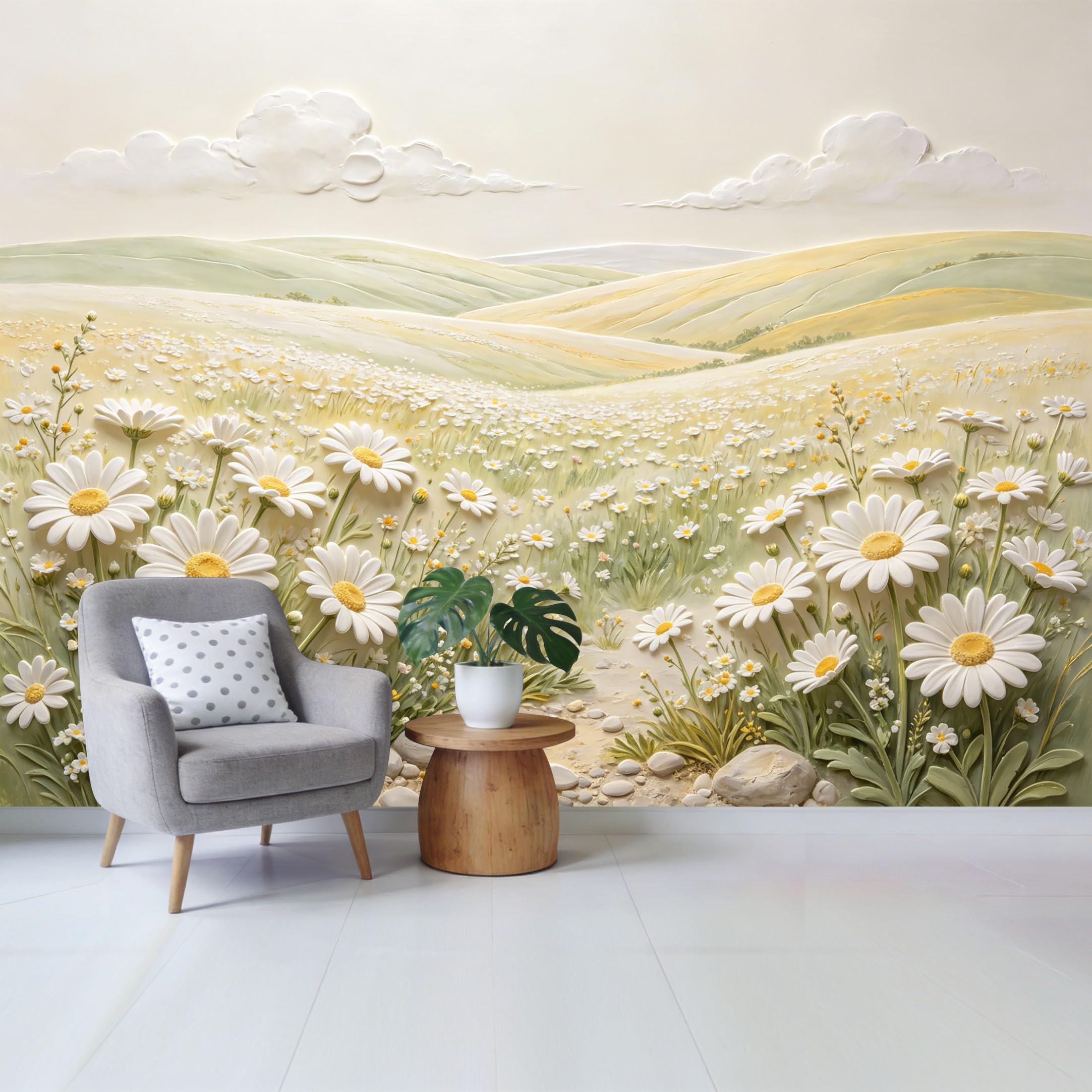 Qzlithotic Yq2605251082 Custom Size Wall Mural 3D Relief Daisy Flower Field Rolling Hills Landscape Botanical Textured Selfadhesive Wall Fabric Removable Wallpaper For Home Office Decor
