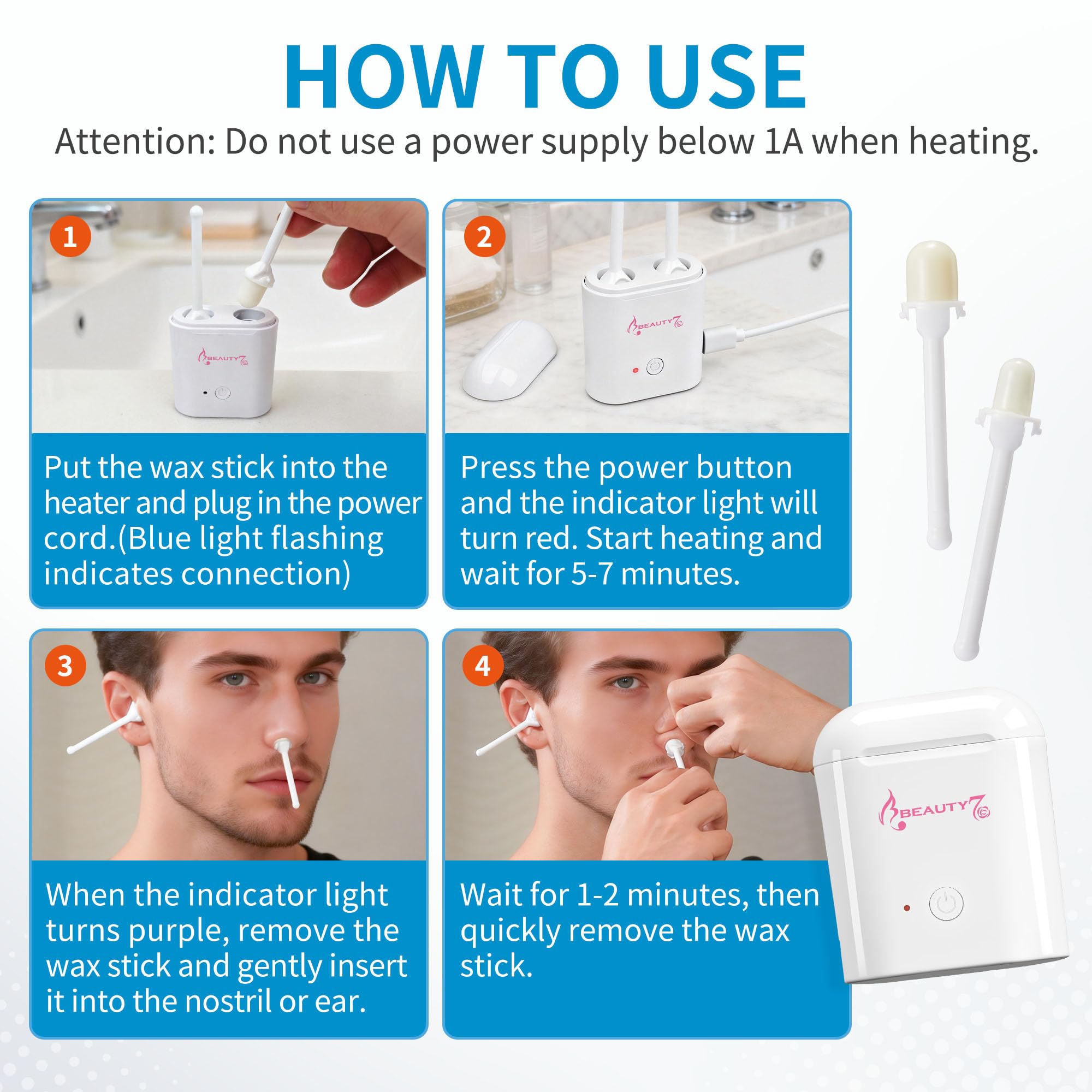 Beauty7 Nose and Ear Wax Kit, 26 Bastoncini di Cera Preconfezionati Pronti all'uso, Scaldacera USB Portatile, Kit per Depilazione di Viso, Orecchie e Naso, Facile da Usare, Sicuro e Naturale