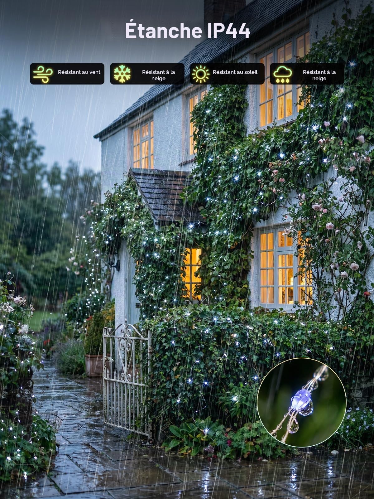 guirlande solaire LED blanche froide de 60m pour extérieur, étanche, avec 600 LED, idéale pour patio, jardin, arbres, mariage, Noël.