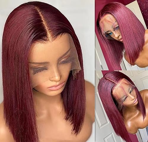 Pelucas Bob de cabello humano 99j borgoña 13 × 4 encaje frontal pelucas de cabello humano para mujer, nudo ligeramente blanqueado, densidad del 180
