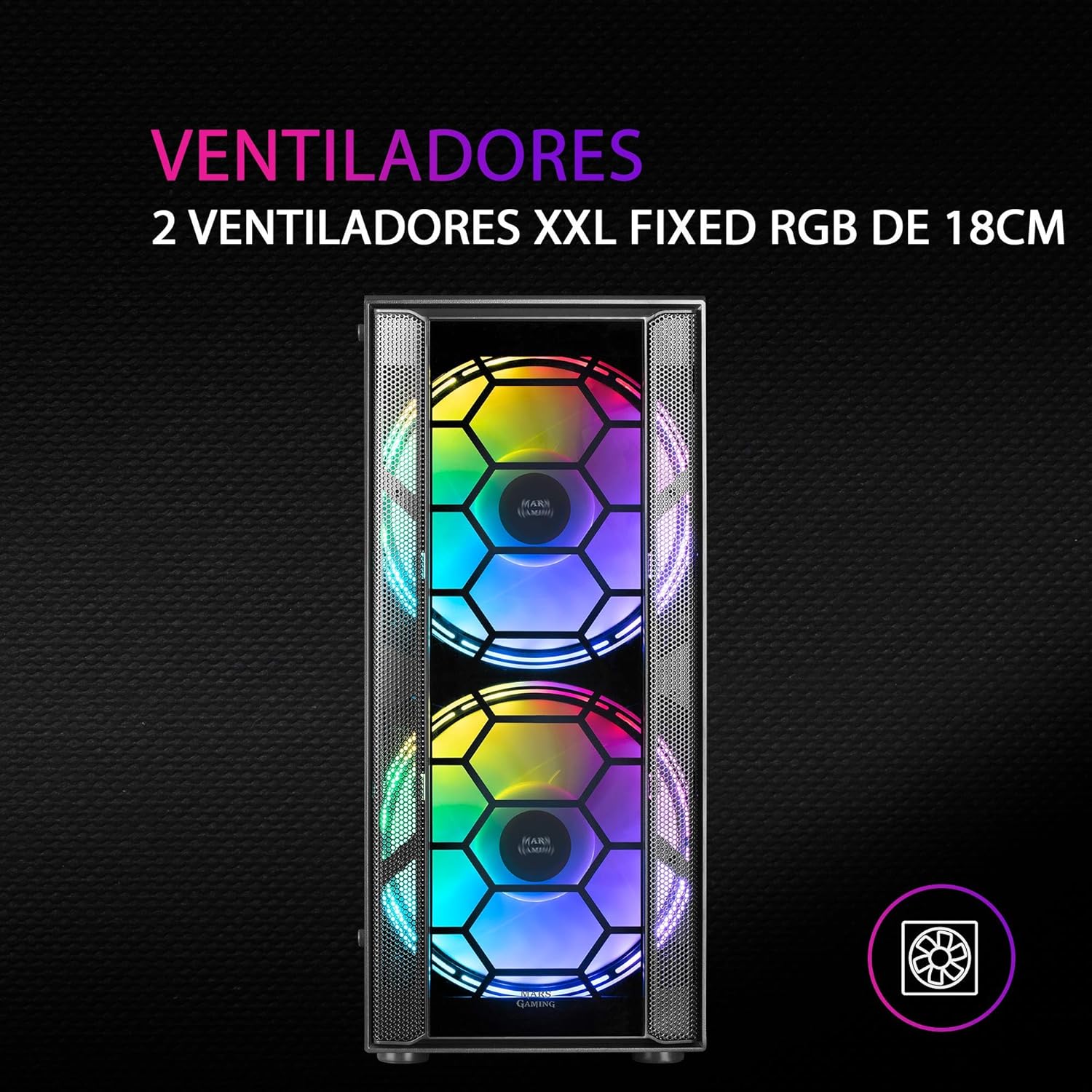 ດ້ານໜ້າ view of Mars Gaming MC500 PC Case showing two large 18cm FRGB fans