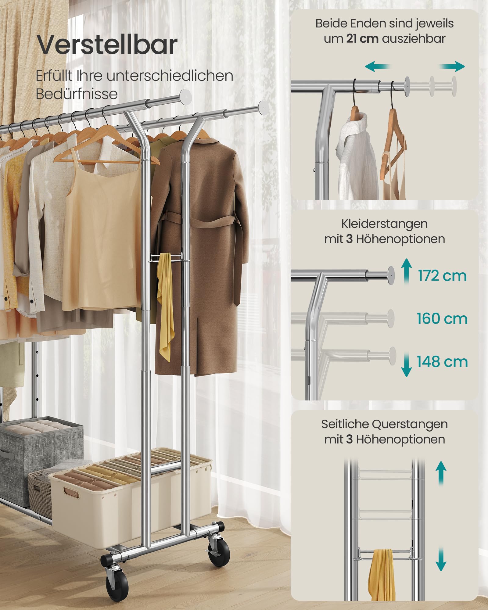 SONGMICS Schwerlast Kleiderständer aus Metall, bis 110 kg belastbar, Garderobenständer auf Rädern, Länge 129-169 cm, Verchromt HSR12S