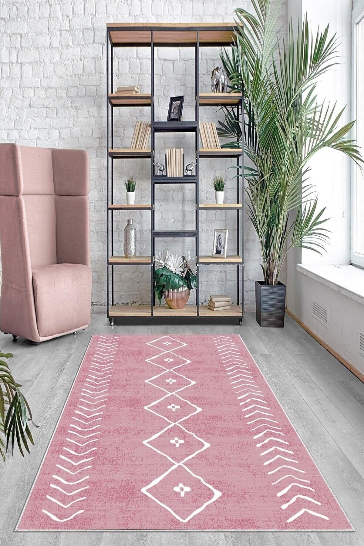 Pelangi Geometrik Çizgi Kilim Desenli Bohem Dijital Baskı Yıkanabilir Kaymaz Taban Salon Halısı Ve Yolluk, Pembe-Beyaz 160 x 300