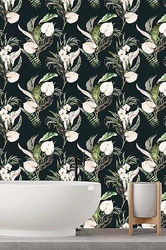 Miniatura 6 de Papel tapiz de hojas verdes tropicales, papel tapiz floral para despegar y pegar, papel de contacto negro, papel de contacto extraíble, bohemio,