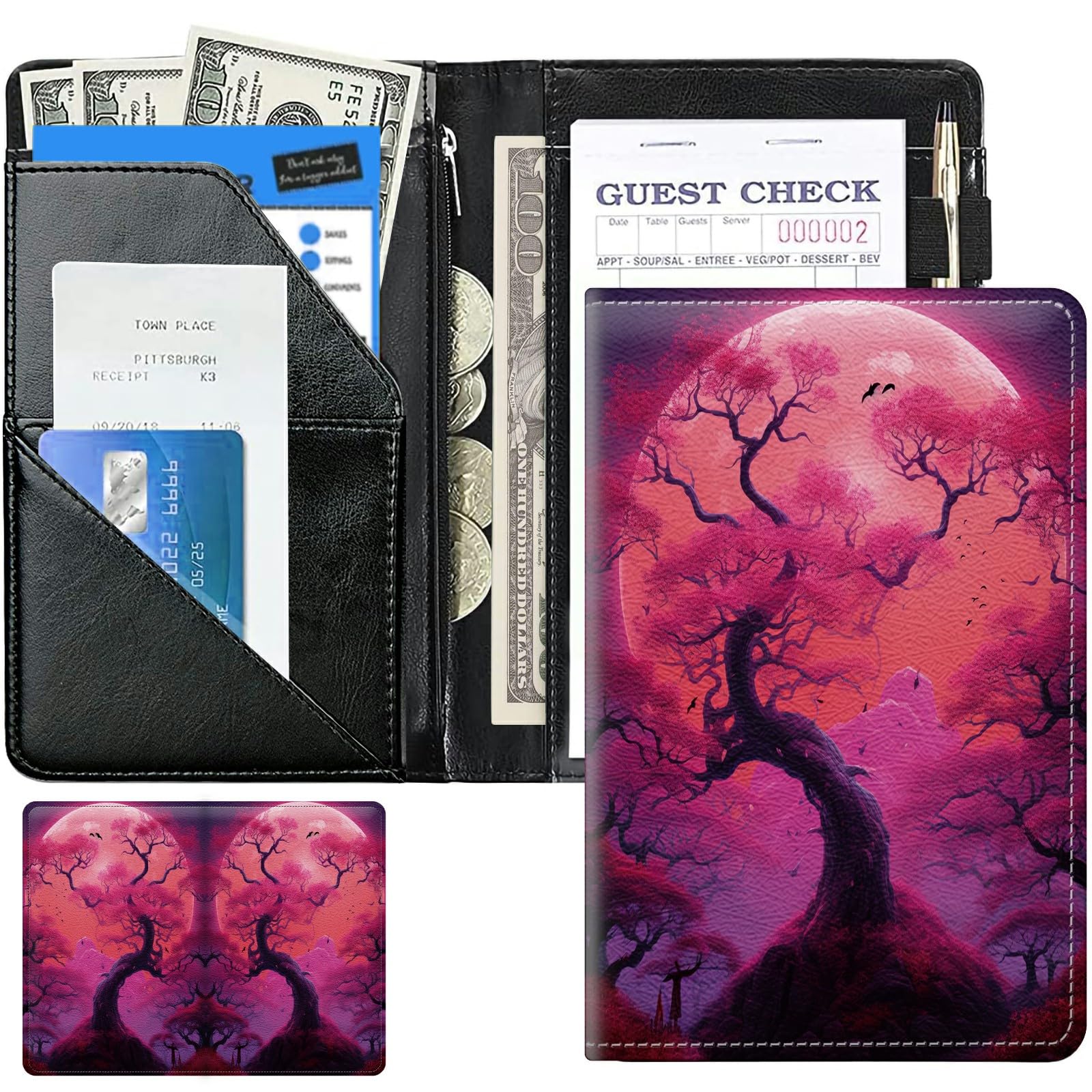 Full Moon Pink Tree Cute Server Books for Waitress, Leather Waiter Book Server Wallet with Zipper Money Pocket, 5 * 8 Waitress Ticket Book Holder Restaurant Waitstaff Organizer with Pen Holder Fit