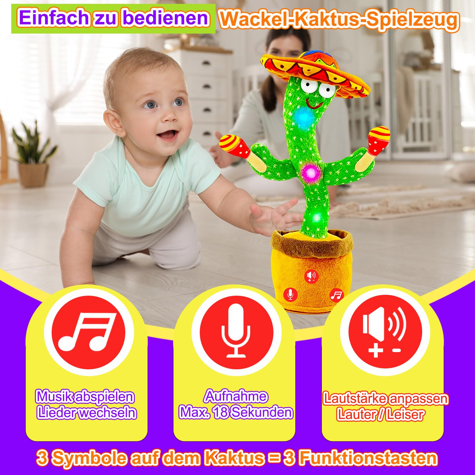 Tanzender Sprechender Kaktus Baby Spielzeug, Lautstärke einstellbar, Nachahmend Singend Wiederholend, Interaktives Plüsch-Babyspielzeug/Geschenk für Jungen Mädchen (Kaktus Trommel Akku)