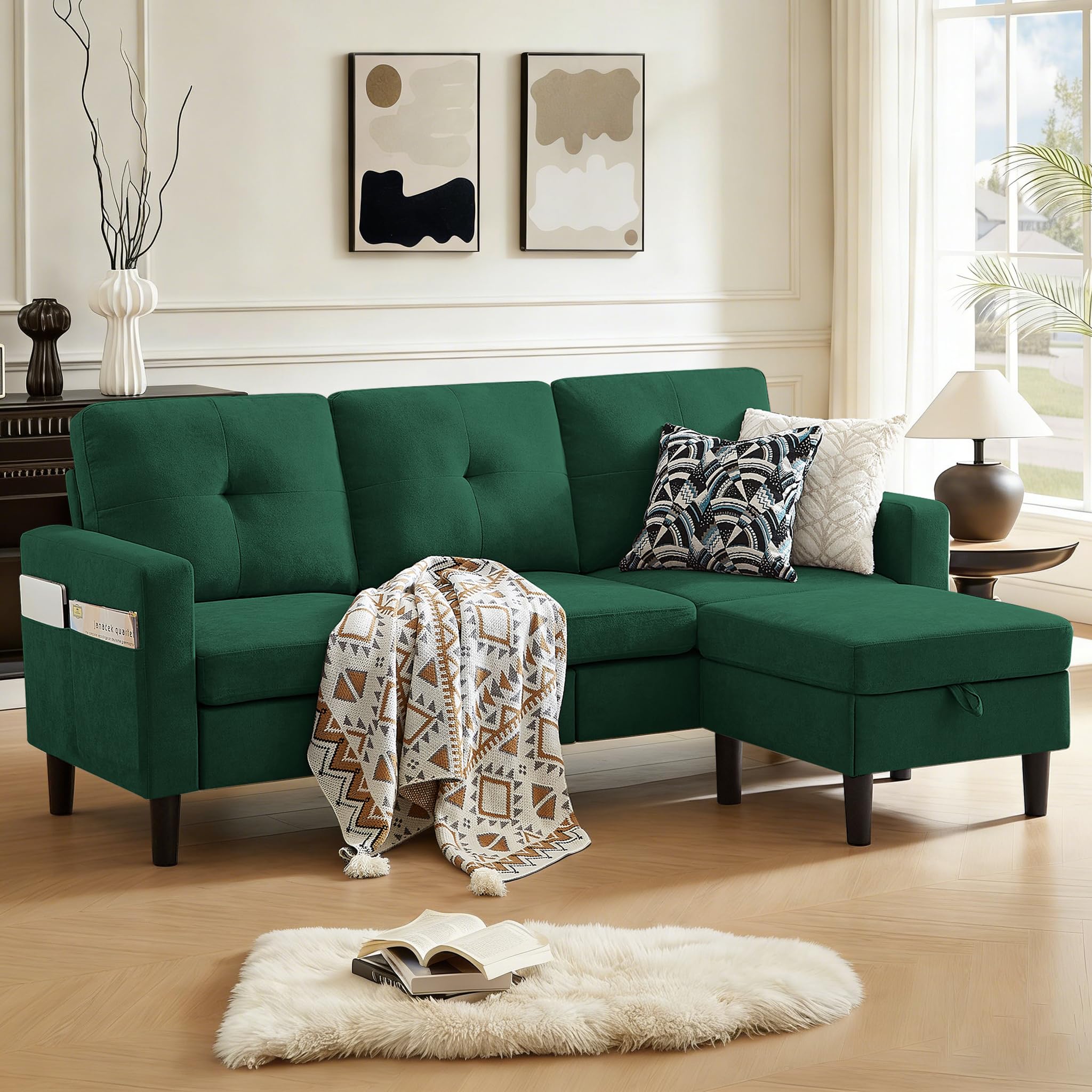 Pingliang Home 80" Convertible Sectional Sofa Couch with Movable Ottoman, 3 Seats Sectional Sofas L Shaped Couch for Small Spaces, Soft Fabric Couch