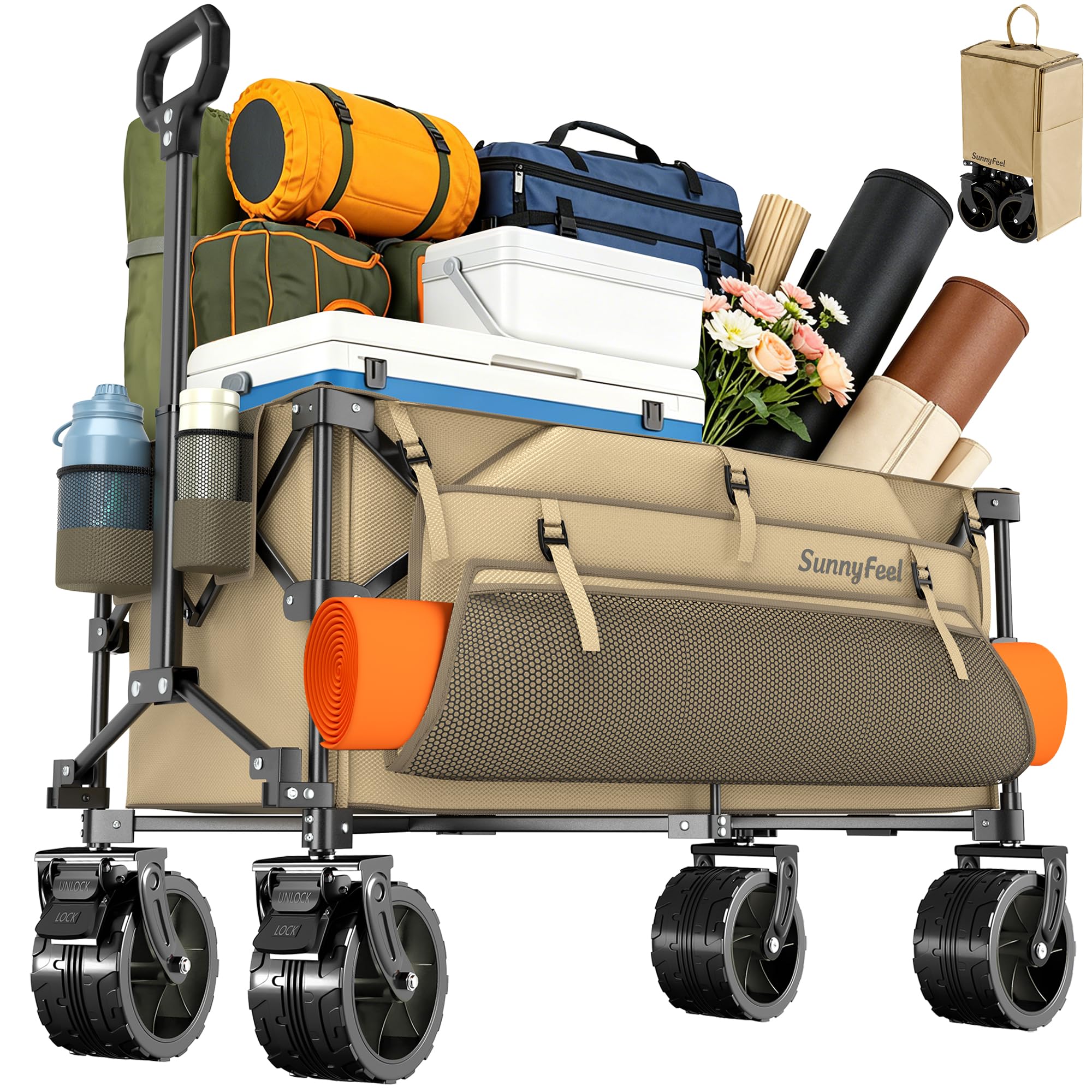 SUNNYFEEL 300L Collapsible Wagon Cart with Big Wheels, 550LBS, Khaki