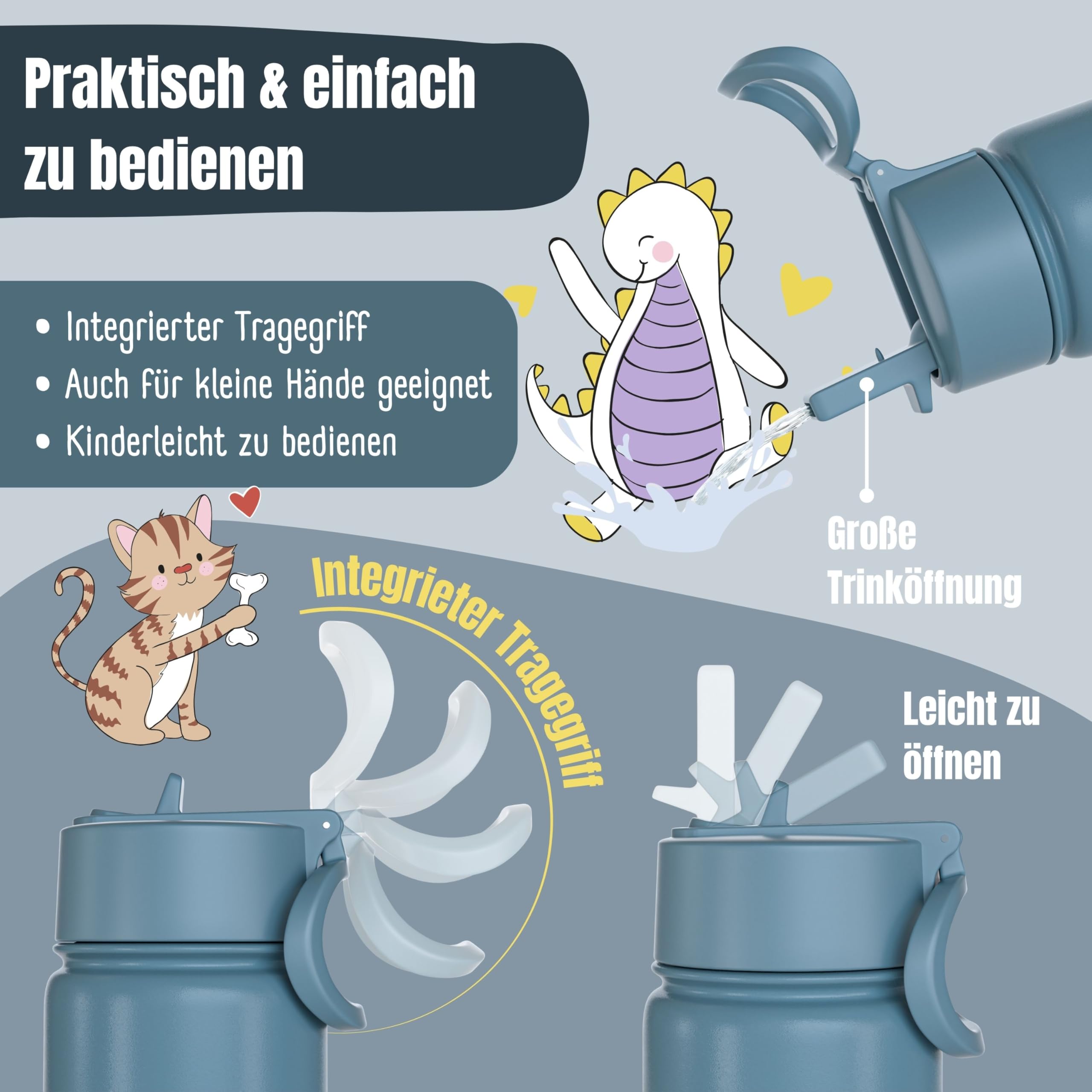 Edelstahl Trinkflasche Kinder 400ml (Blau - Traktor Fuchs) | Thermoflasche, mit Strohhalm, vakuumisoliert, auslaufsicher, BPA-frei, für Mädchen & Jungen