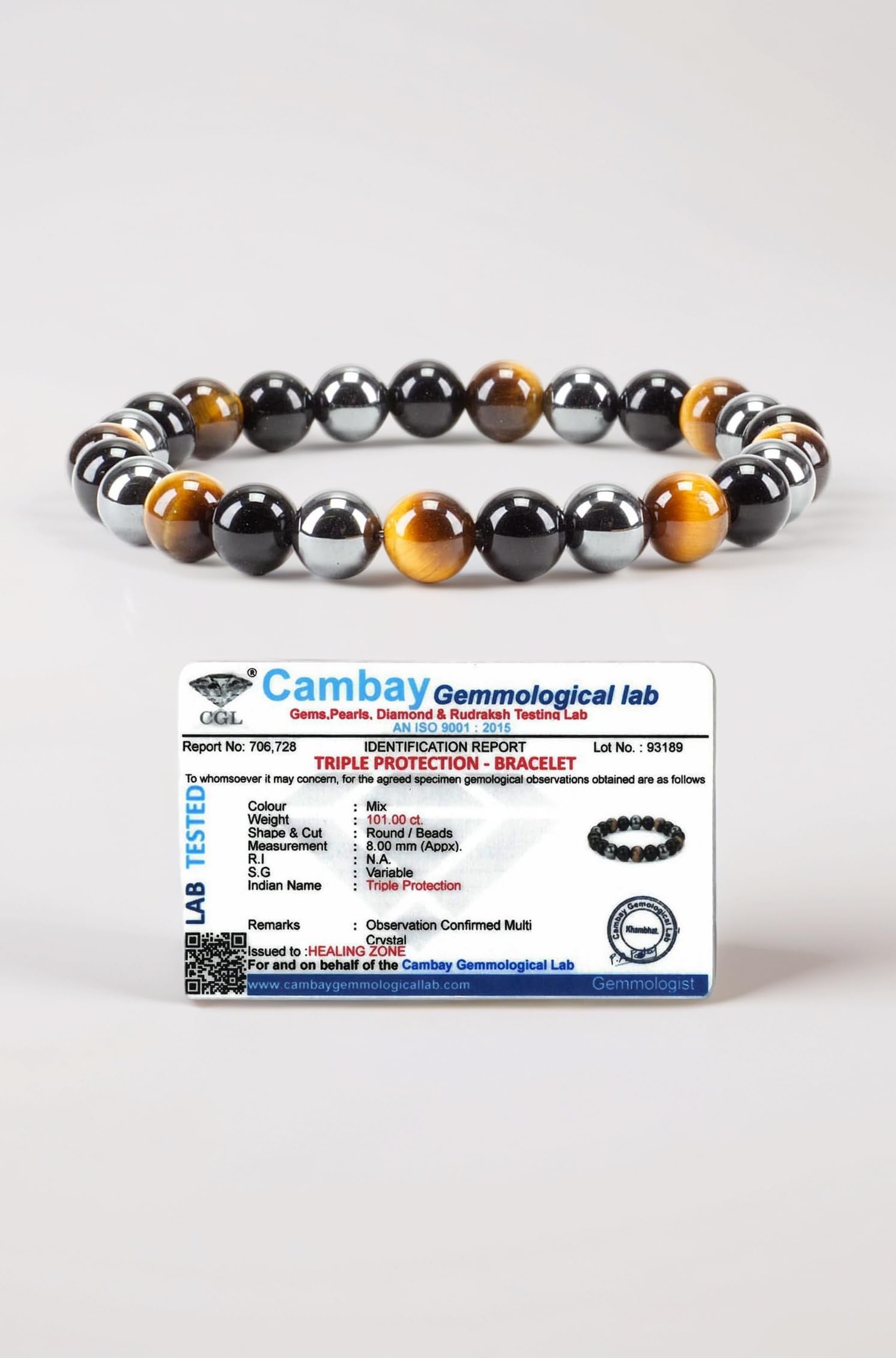 Original Triple Protection Bracelet Certified for Men and Women - Natural Energised Tiger Eye Stone, Black Obsidian, Hematite Stone for Power, Protection, Good Luck - 8MM Beads