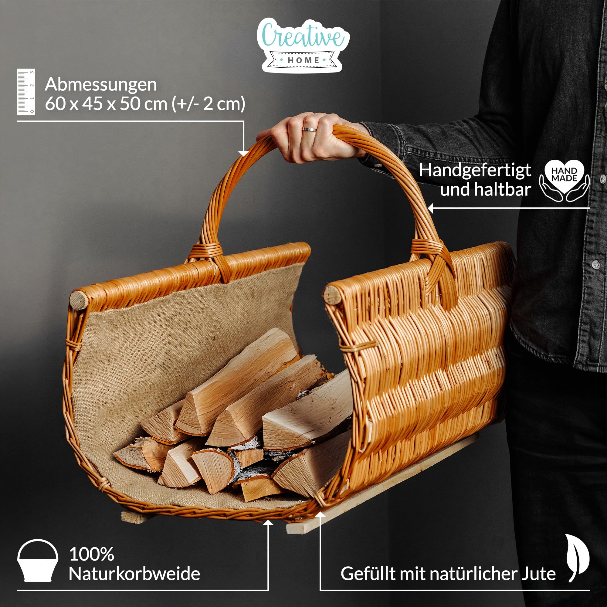 Creative Home Groß Kaminkorb Holzkorb Kaminholzkorb | 60 x 45 x 50 cm (+/-2cm) | Aufbewahrung Oval Weidenkorb für Kaminholz/Holz | Braun Dick Weide Feuerholzkorb mit Juteeinlage Holztrage Tragekorb