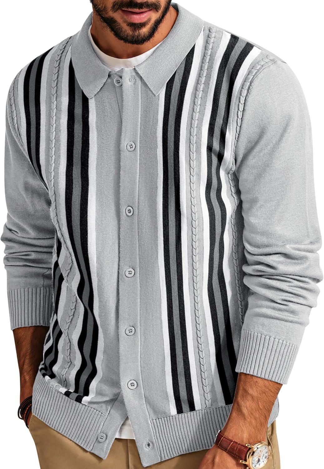 PJ PAUL JONES Mens Vintage Striped Knit Polo Shirt Long Sleeve Button Down Cardigan Sweater