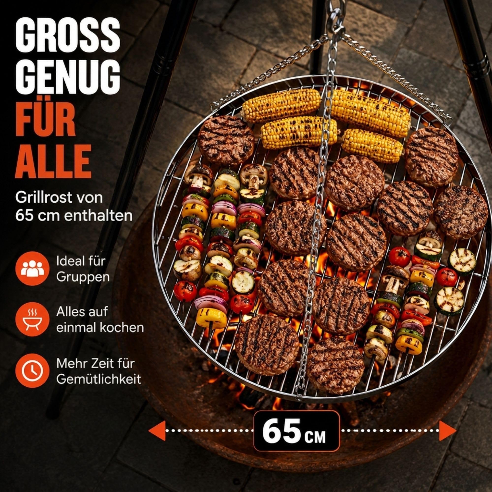 Dreibein-Grill mit Grillrost Ø 65 cm – Schwenkgrill aus Stahl – Höhenverstellbar mit Kettenzug – Stabiles Stativ für Feuerschalen, Lagerfeuer und Camping