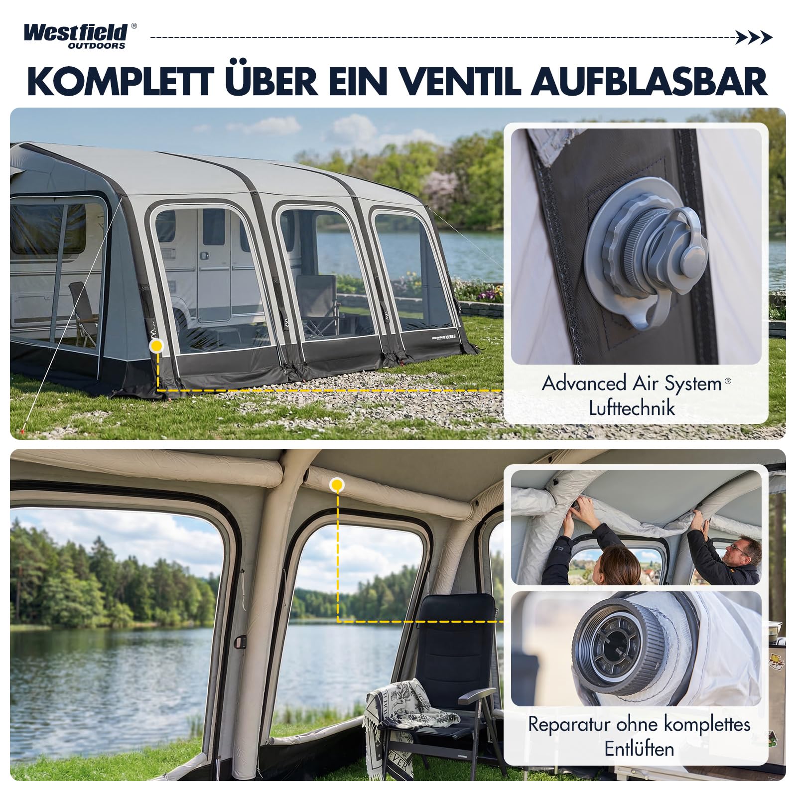 Westfield Outdoors Ceres 7, Aufblasbares Vorzelt für Wohnwagen, Höhe 235–260cm, B510 x T250 cm, 3000mm Wassersäule, UV- & windstabil, Abnehmbare Wände, EIN-Punkt-Aufblassystem, inkl. Luftpumpe