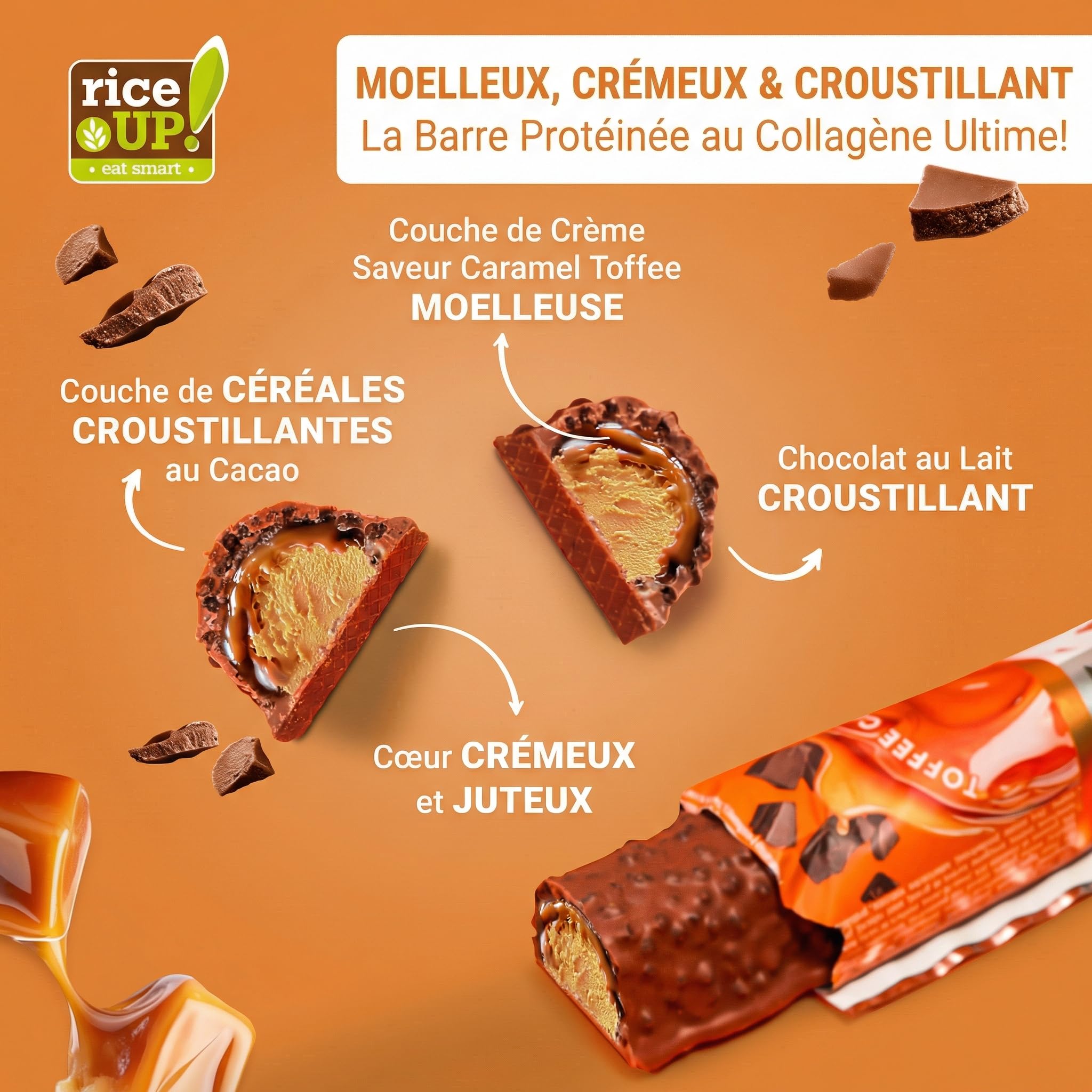 RiceUP! Barre Protéinée Toffee Caramel au Collagène – 30% Protéines, 6000 mg Collagène Type I & III, Sans Sucre Ajouté, Moins de 215 kcal – Snack Protéiné 12 x 42 g