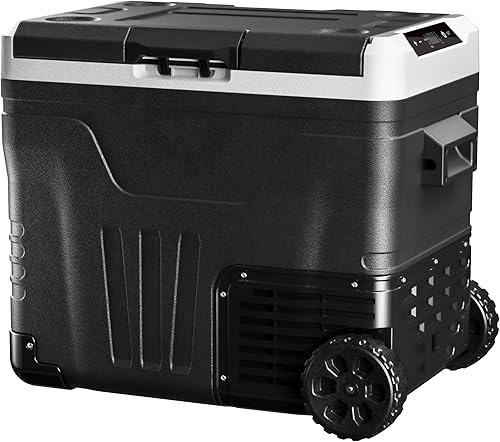 EKOJUCE Refrigerador portátil de 12 voltios, refrigerador eléctrico de 37 cuartos (35 litros), zona grande con 2 cestas y ruedas, refrigerador de 12