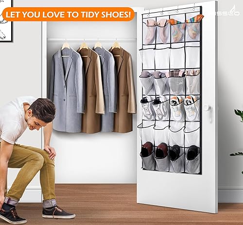 Miniatura 2 de MISSLO Organizador de zapatos con 35 bolsillos grandes para colocar sobre la puerta + 24 bolsillos grandes de malla, color blanco