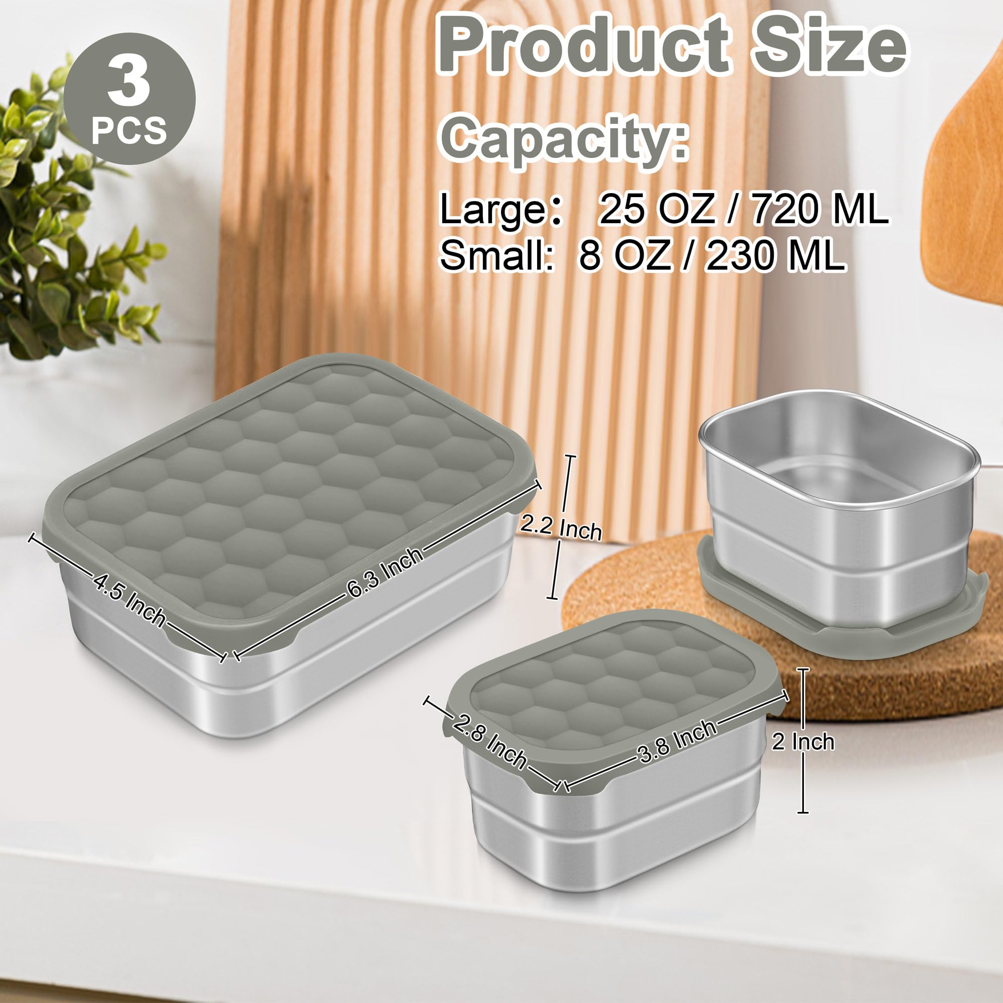 TeamFar Stainless Steel Lunch Containers for Kids, (25oz+8oz*2) Leak Proof Food Snack Containers with Silicone Lids, Metal Toddler Bento Box for School Daycare Picnic, Non-Toxic & Leak-Proof, Grey
