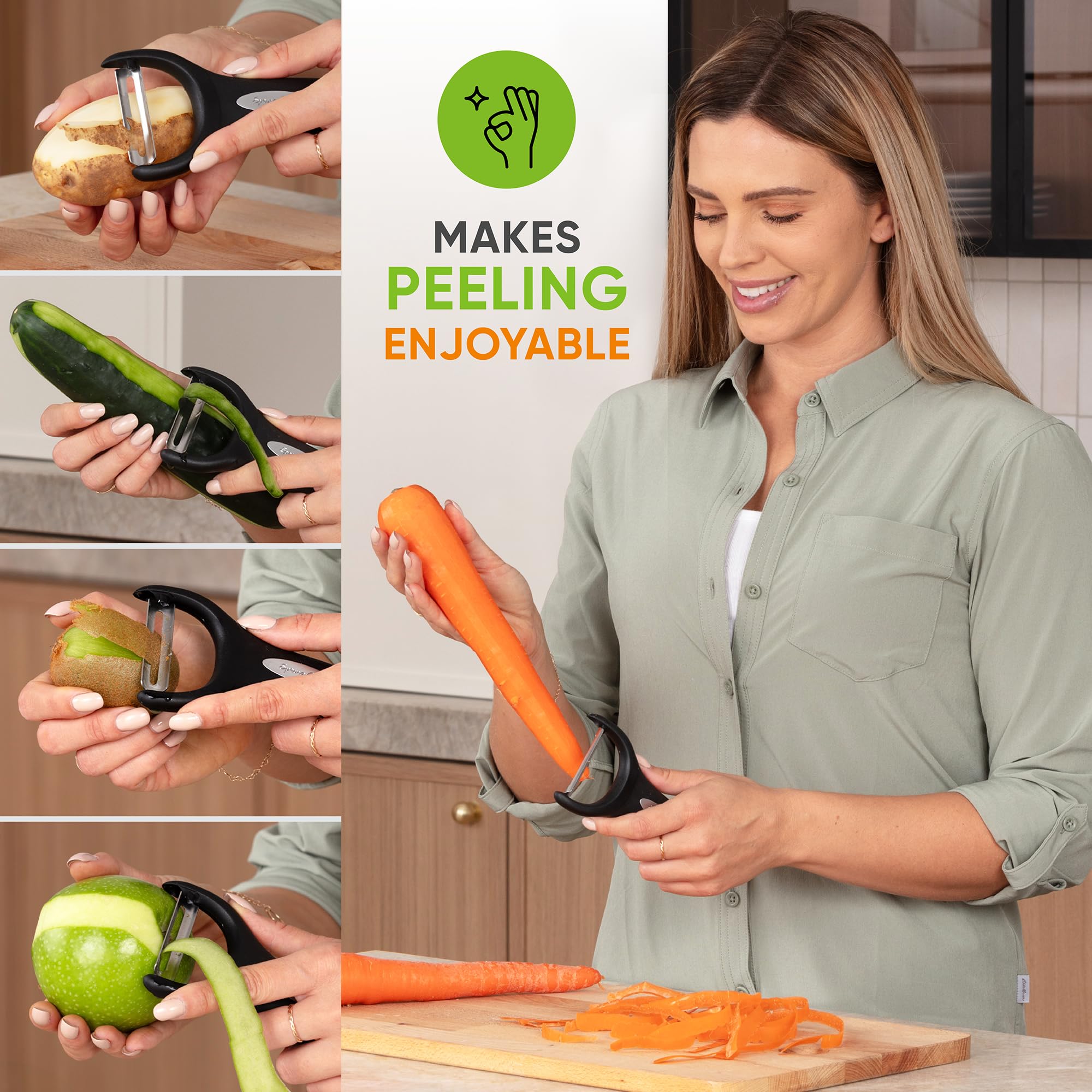 Spring Chef Pelador giratorio de verduras y pelador en Y, asas de agarre suave y cuchillas de acero inoxidable ultra afiladas, apto para lavavajillas, para verduras, frutas, patatas, zanahorias,