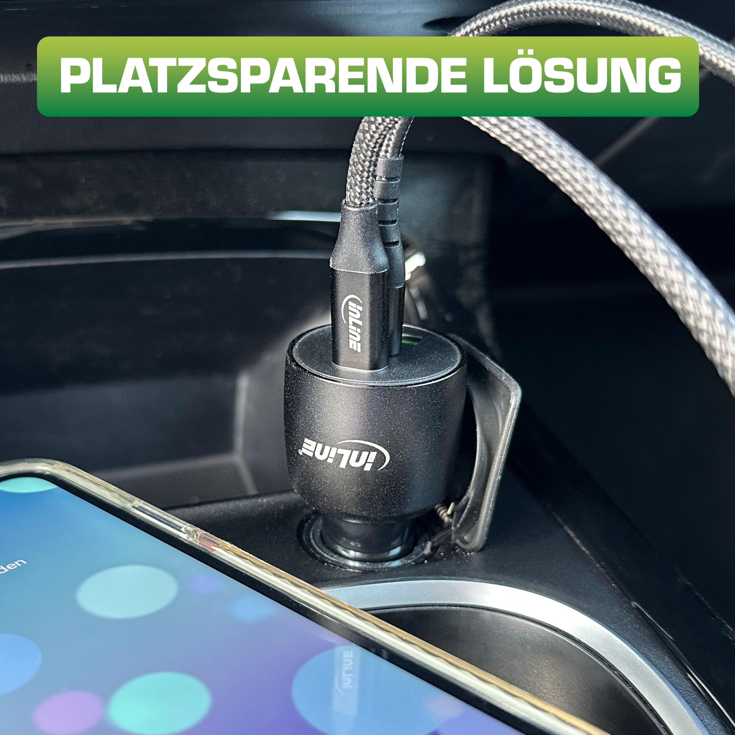 Inline Cargador de Coche USB-C 100 W, 5 A, 2 x USB-C Power Delivery 3.0, 1 x USB-A QC 3.0, con luz LED Blanca, Encendedor de Cigarrillos, para portátiles, iPhone/Pro/Mini, iPad Pro/Air/Mini, Galaxy y