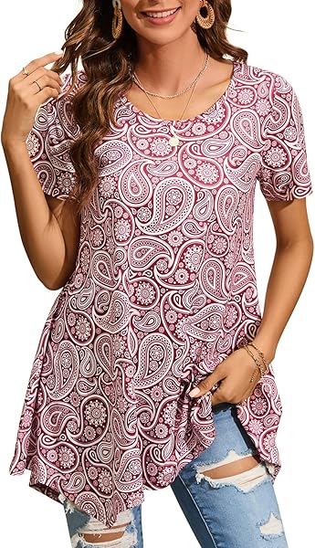 ENMAIN Tunic Tops for Women Plus Size Short Sleeve Top Loose Fit Dressy Casual Swing Summer Tunics Tops to Wear with Leggings