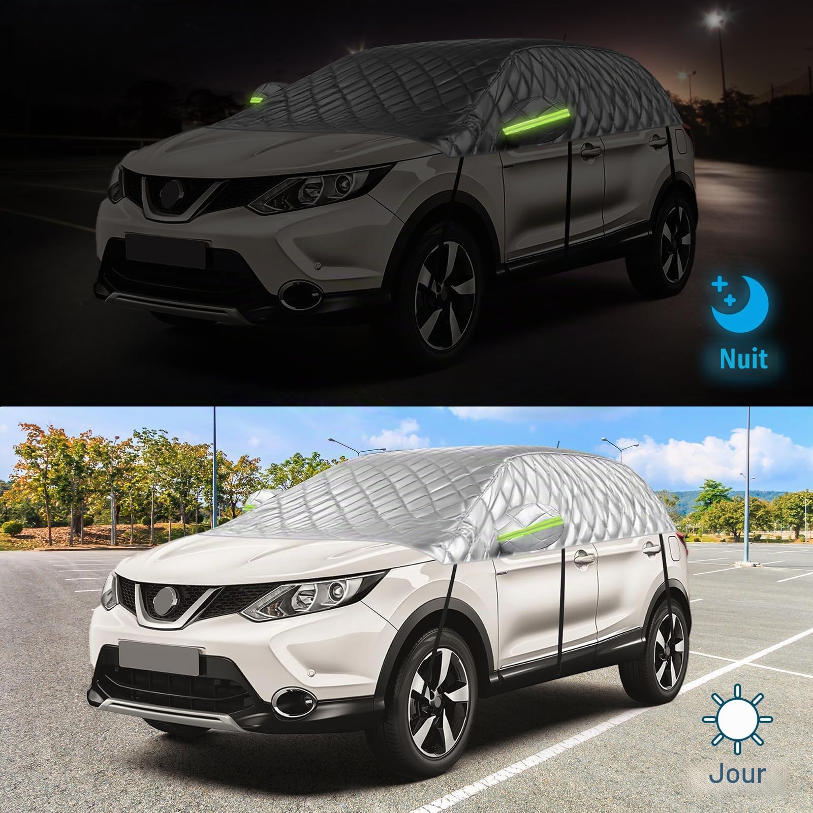 Demi Bâche Voiture Extérieur pour Nissan Qashqai 2013-2025, Demi Housse de Protection Anti-Neige Anti-Glace Mi-couvrante pour Automobiles | Demi bâche épaisse, protection contre le soleil, la pluie et la poussière, été, hiver, extérieur, intérieur