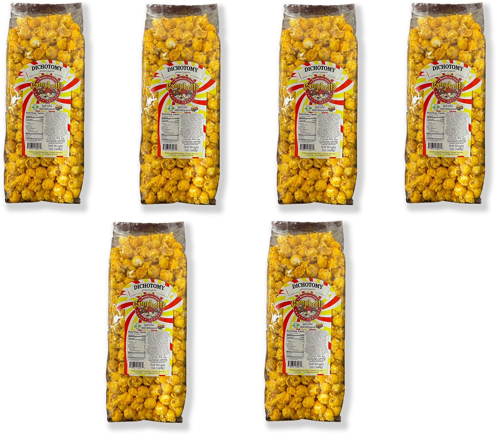 Campbell's Sweets Factory Dichotomy Gourmet Popcorn 6 Pack Cheesy Caramel Corn - 6 Bag Gift Pack Flavored Specialty Savory Sweet Popped Popcorn