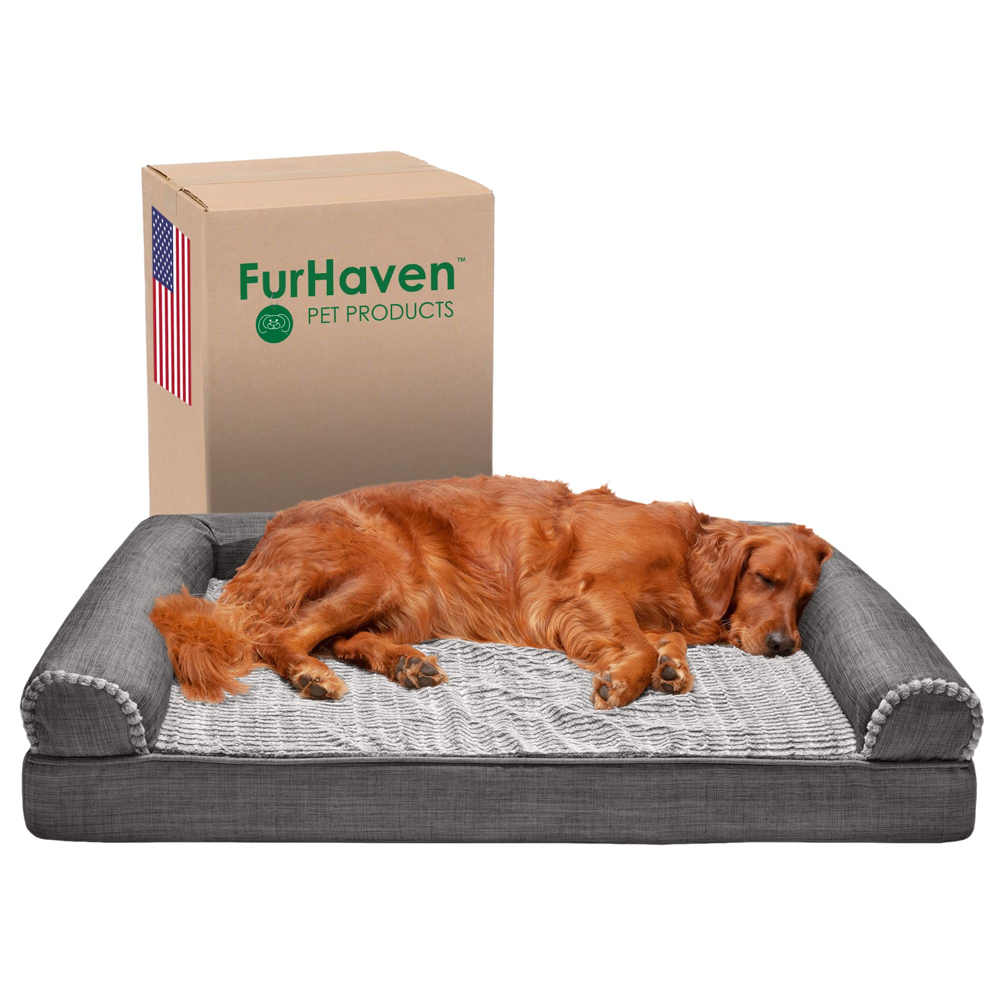furhaven memory foam dog bed for large dogs w/ removable bolsters & washable cover, for dogs up to 95 lbs - luxe faux fur & performance linen sofa - charcoal, jumbo/xl