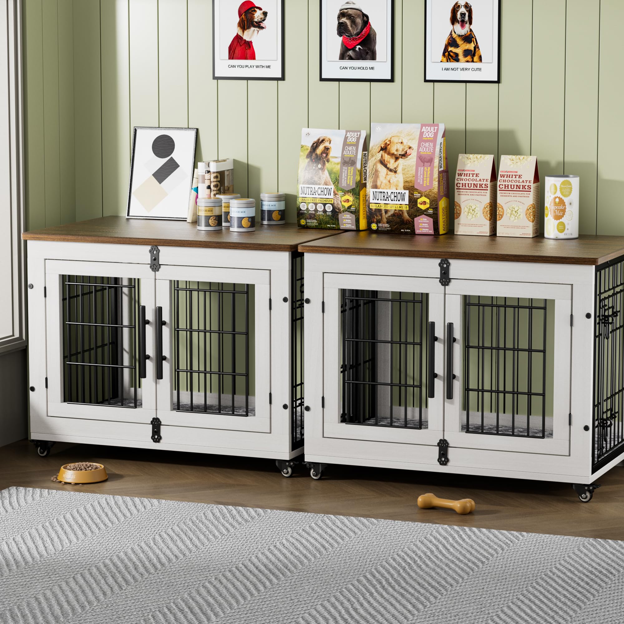 2 Pack Dog Crate Furniture,32'' Heavy Duty Kennel with Cushion &amp; Wheels