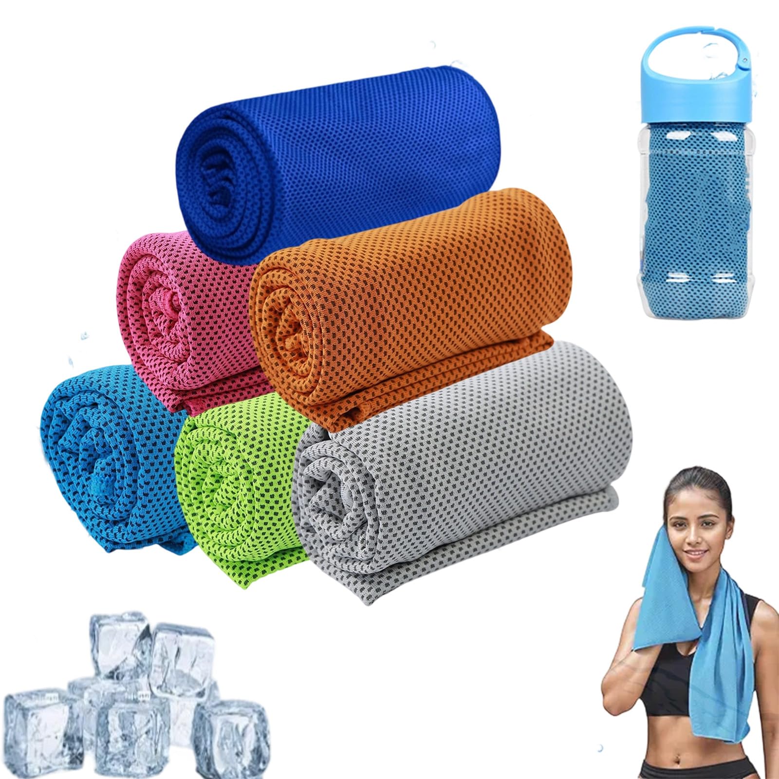 Towelnado Cool Towels & Bottle, Towelnado Ice Cooling Towel, Soft Breathable Chilly Gym Towel For Neck Face, Fast Drying Bottle Cooling Scarf Cloth for Workout (6pcsF)