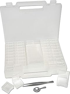The Beadsmith Bead Organizer Carrying Case, 55 piece set, with removable compartments in assorted sizes, a carrying case, plus a bead scoop and tweezer.