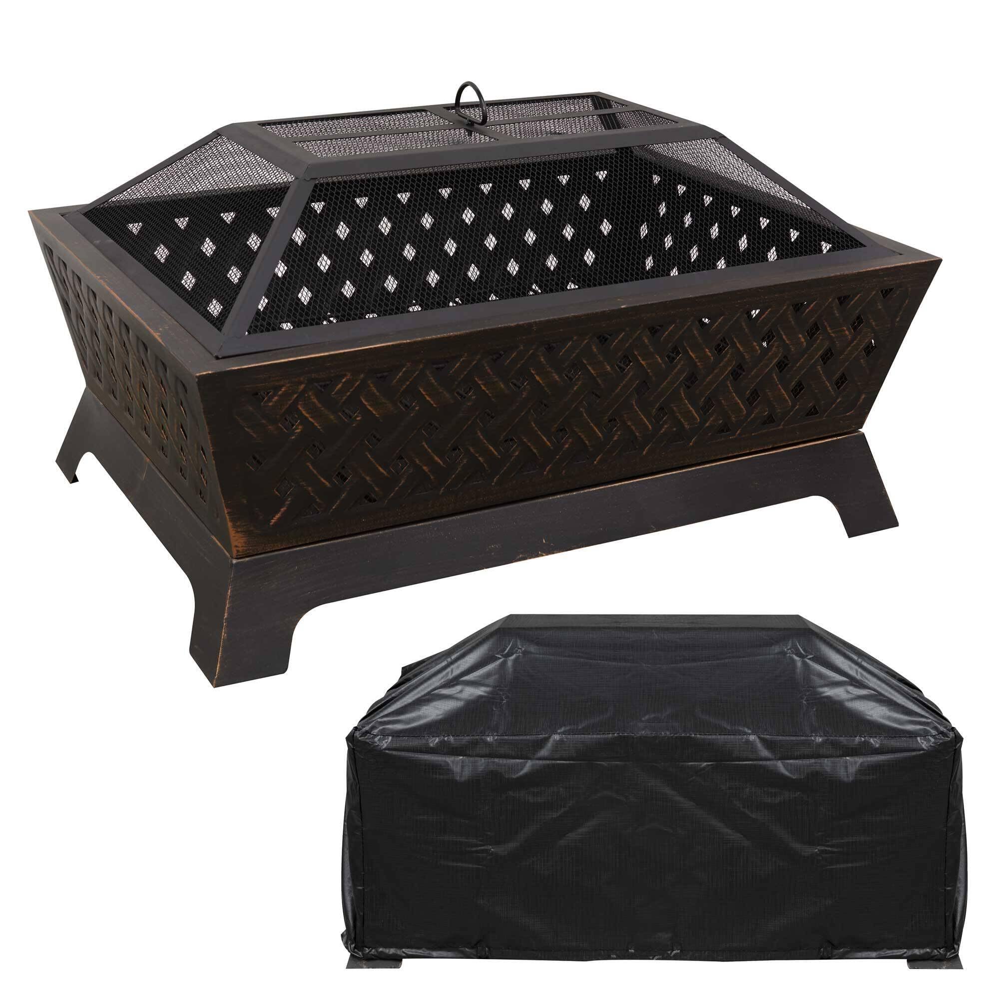 Dellonda89cm Rectangular Outdoor Fire Pit, Antique Bronze Effect, Supplied with Water-Resistant Drawstring Cover - DG239