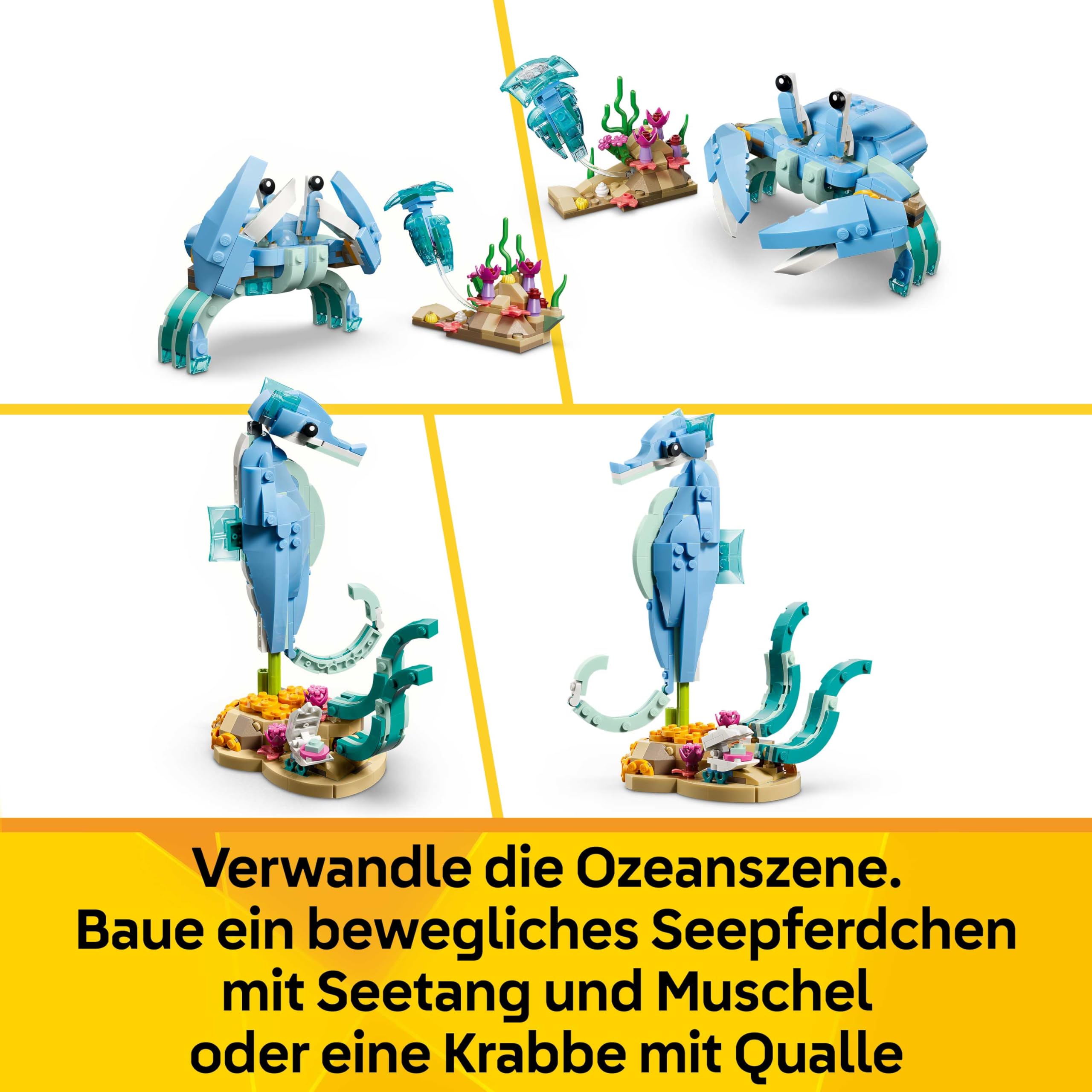 LEGO Creator 3-in-1-Set Meerestiere: Wunderschöne Delfine - Tierfiguren - Set mit 3 Optionen: Delfine, Seepferdchen & Krabbe - Spielzeug für Kinder ab 9 Jahren - Geschenk für Mädchen & Jungen - 31385