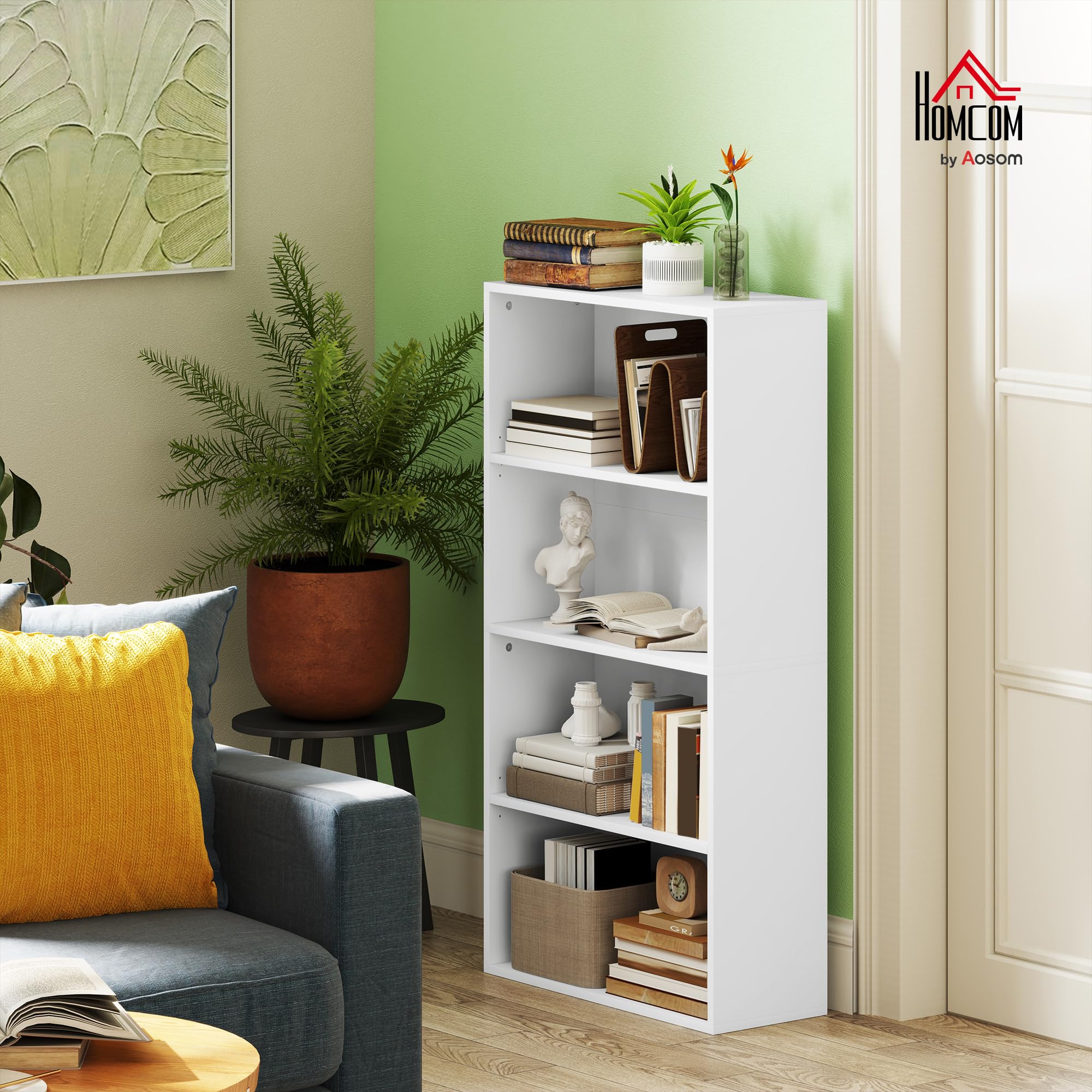 HOMCOM Librería de 4 Niveles Estantería de Libros con 2 Estantes Ajustables para Sala de Estar Oficina Dormitorio 60x24x115,5 cm Blanco