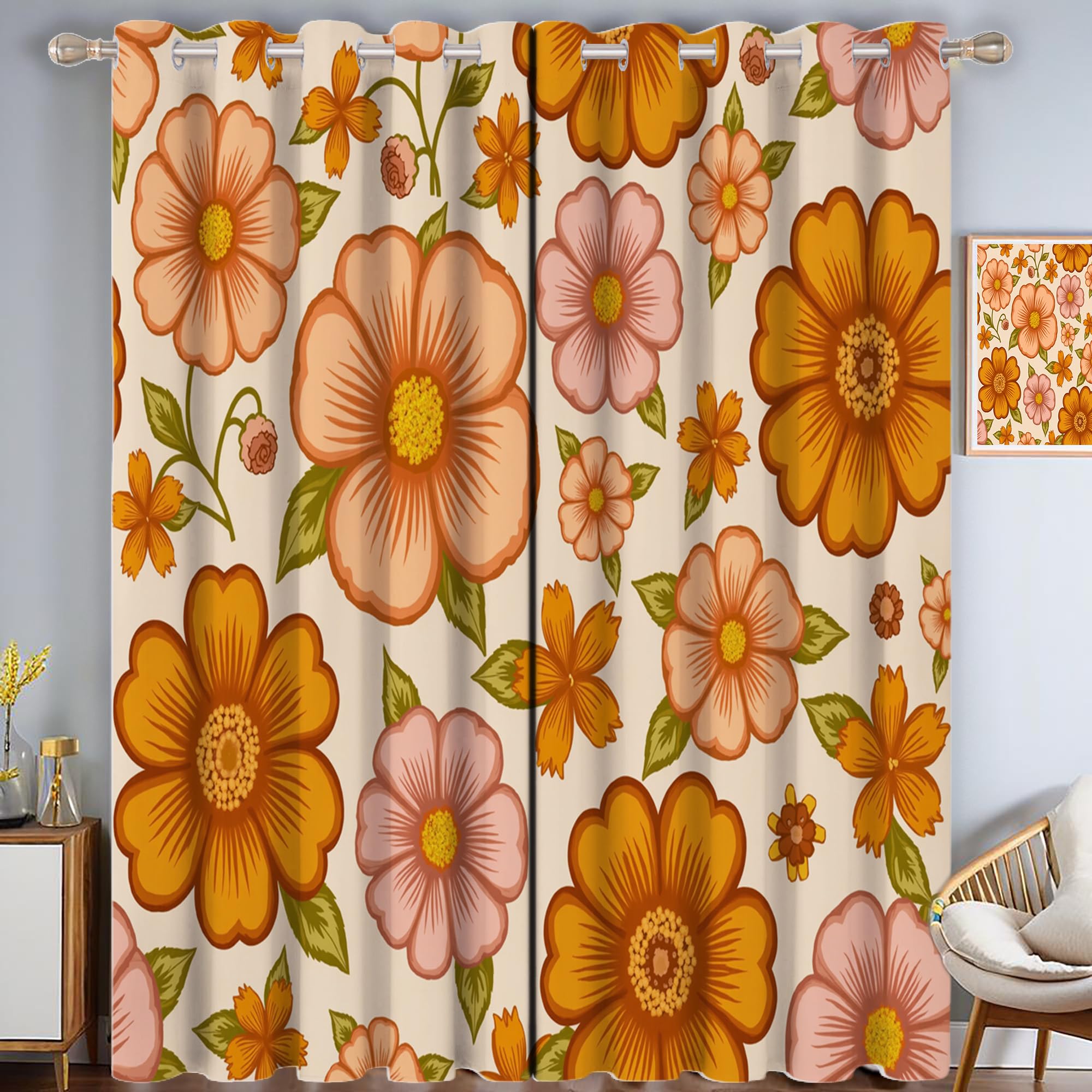 Rideaux occultants thermiques œillets 140x180 salon motif fleurs vintage